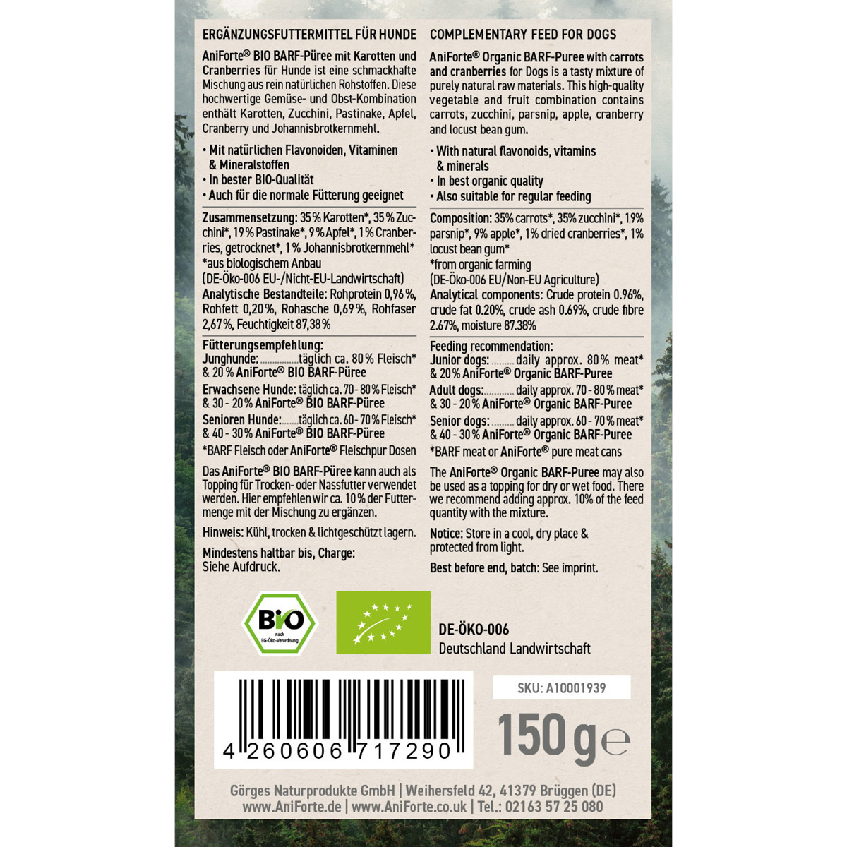Aniforte Ergänzungsfutter & Aufzucht Aniforte BIO BARF Püree - Süßkartoffel & Birne 5 x 150g