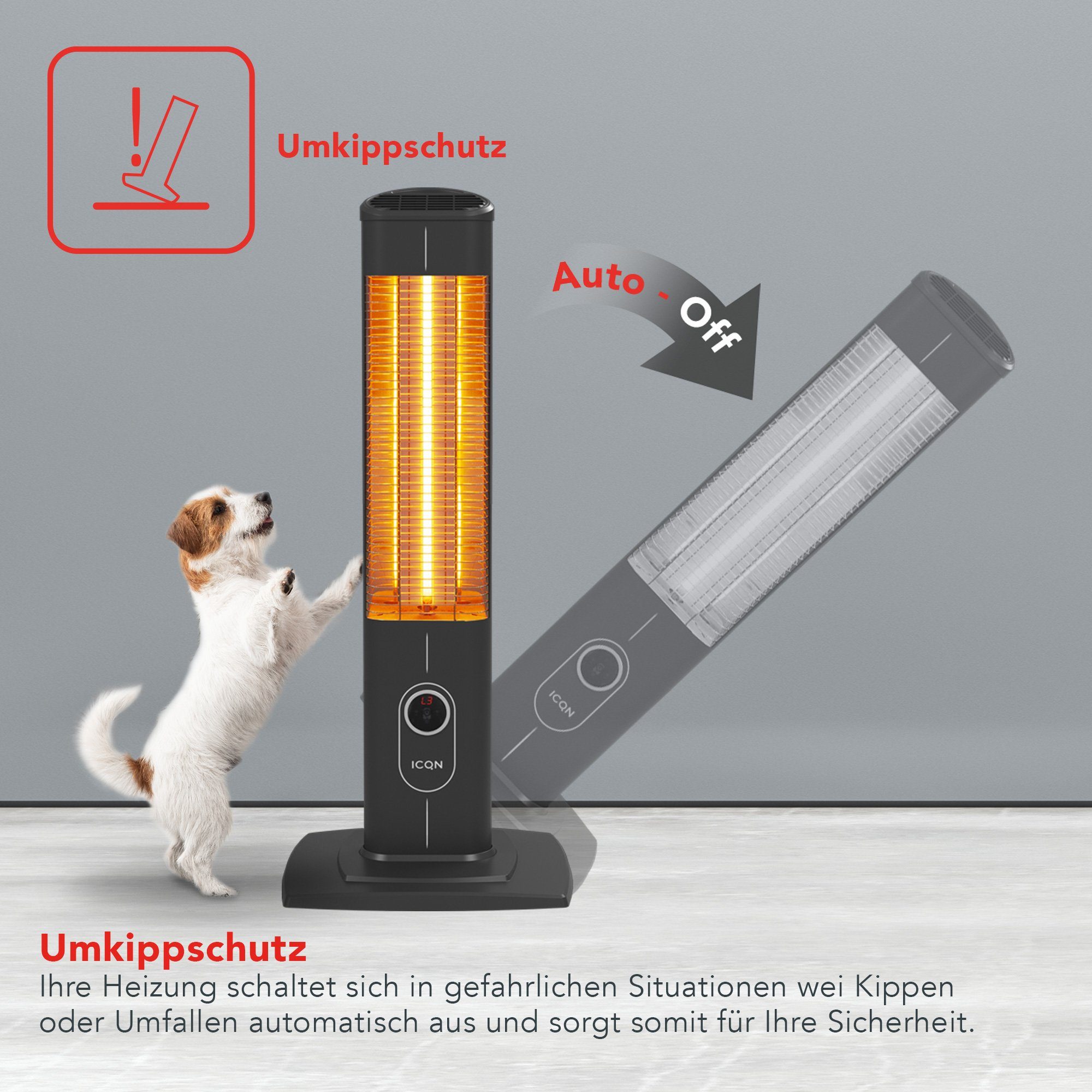 ICQN Heizstrahler IC2300.R, Stand Heizstrahler mit Fernbedienung, Infrarotheizung, 2300 W, für Innen- & Außenbereich, Standgerät, IP20, Digitalanzeige