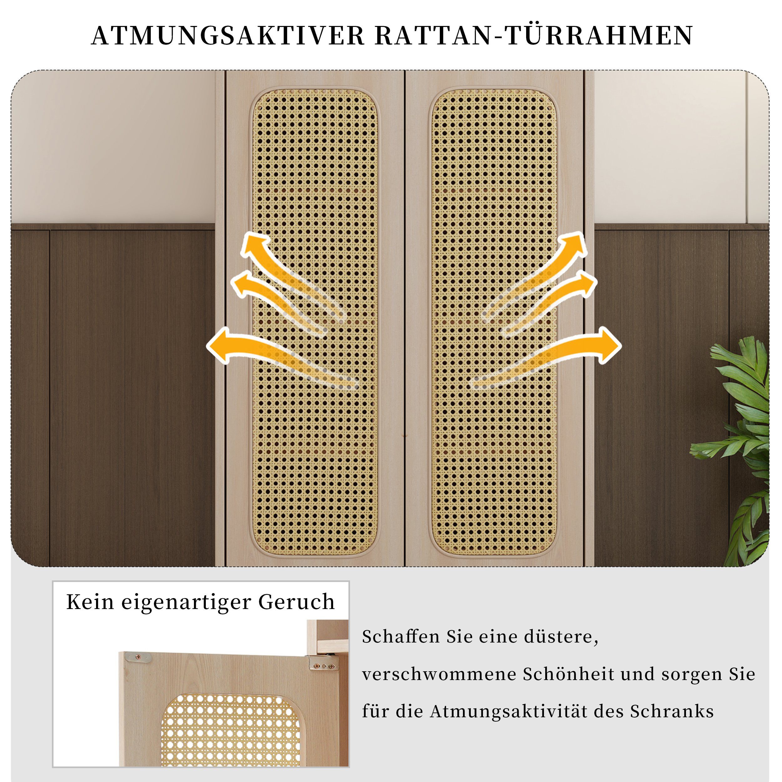 REDOM Highboard Sideboard (mit Rattantüren und offenen Fach), Sideboard mit verstellbare Einlegeböden