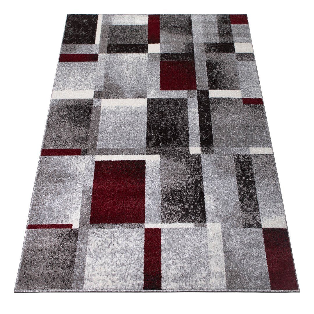Teppich PHOENIX, oKu-Tex, Kurzflorteppich, Wohnzimmer, rechteckig, geometrisches Muster, Rechtecke, Grau Rot meliert, besonders weicher Kurzflor, Gesamthöhe: 1 cm, pflegeleicht