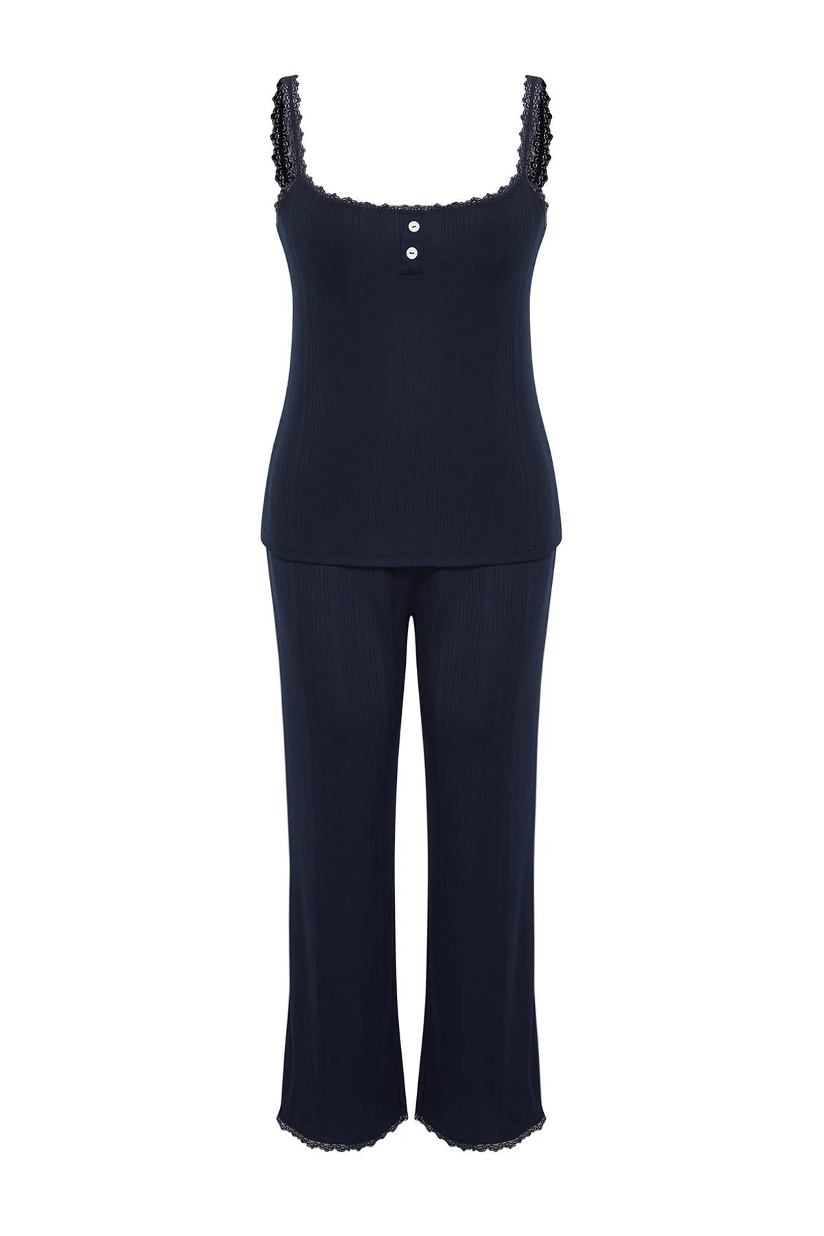Trendyol Curve  Marineblaues, schnurgebundenes Strick-Pyjama-Set mit Trägern TBBSS24AI00018