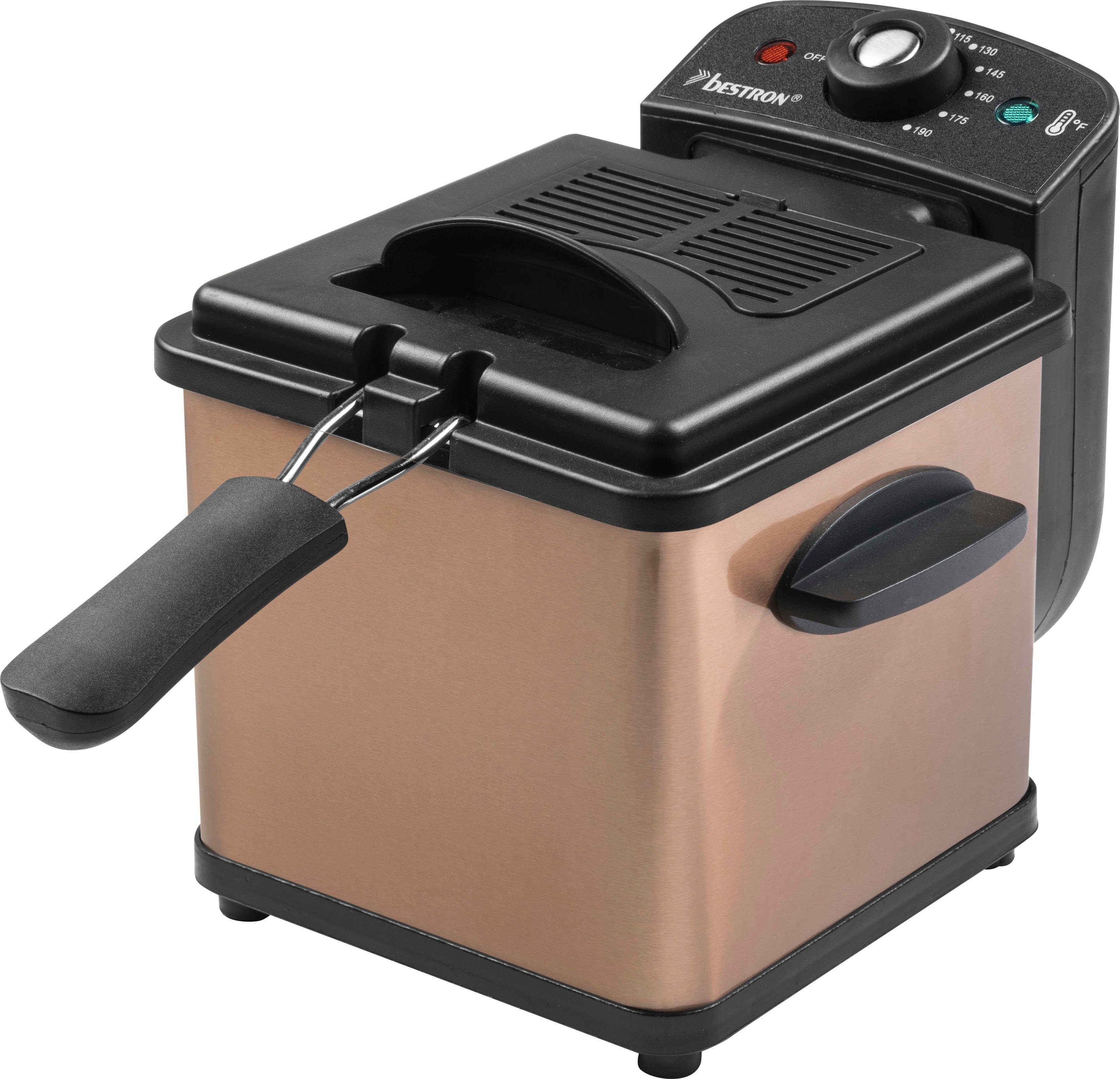 bestron Fritteuse AF100CO, kleine Fritteuse mit Edelstahl-Korb für eine Portion, 1000 W, Kaltzonentechnologie, Temperaturkontrolle bis 190°C, Ölfilter