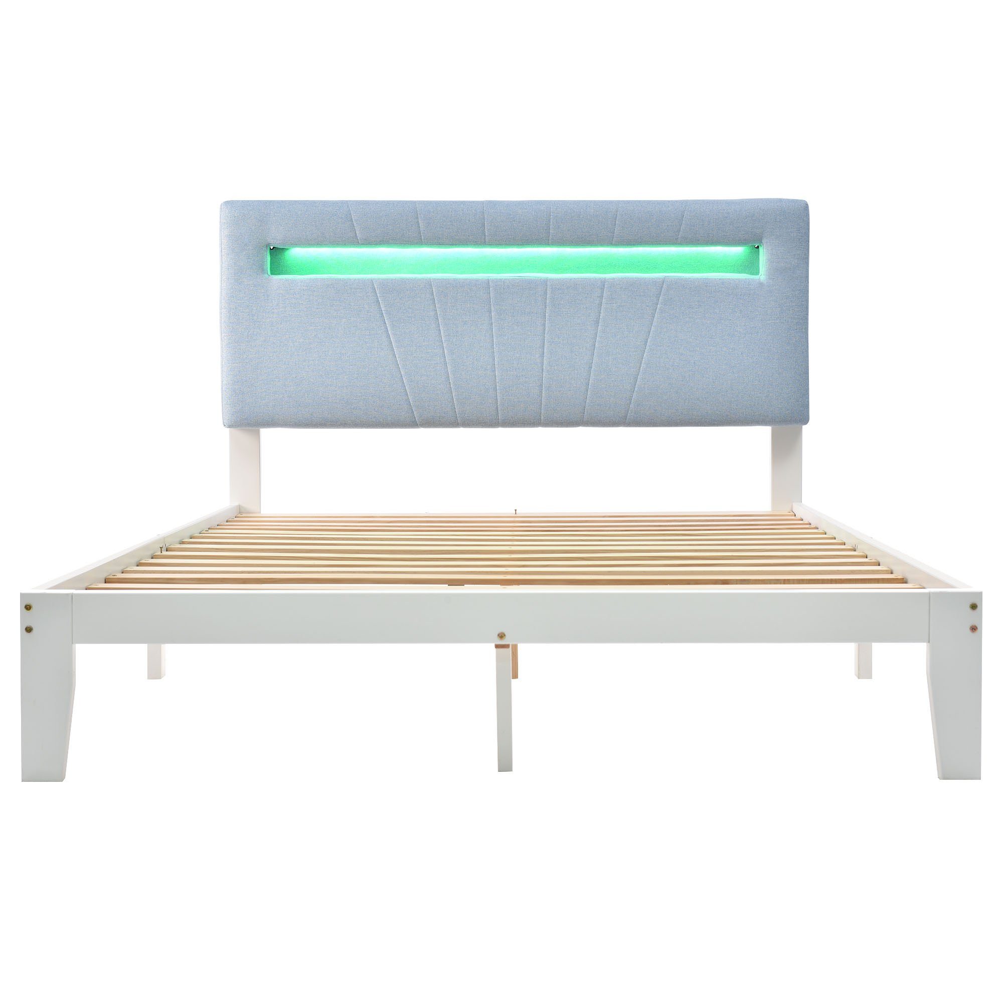KLAM HOME Massivholzbett 140x200 Massivholzbett mit gepolstertes Kopfteil und Lattenrost (Set, Holzbett aus Kiefer mit LED-Leuchte), Einzelbett Doppelbett Bettrahmen, für Schlafzimmer und Jugendzimmer