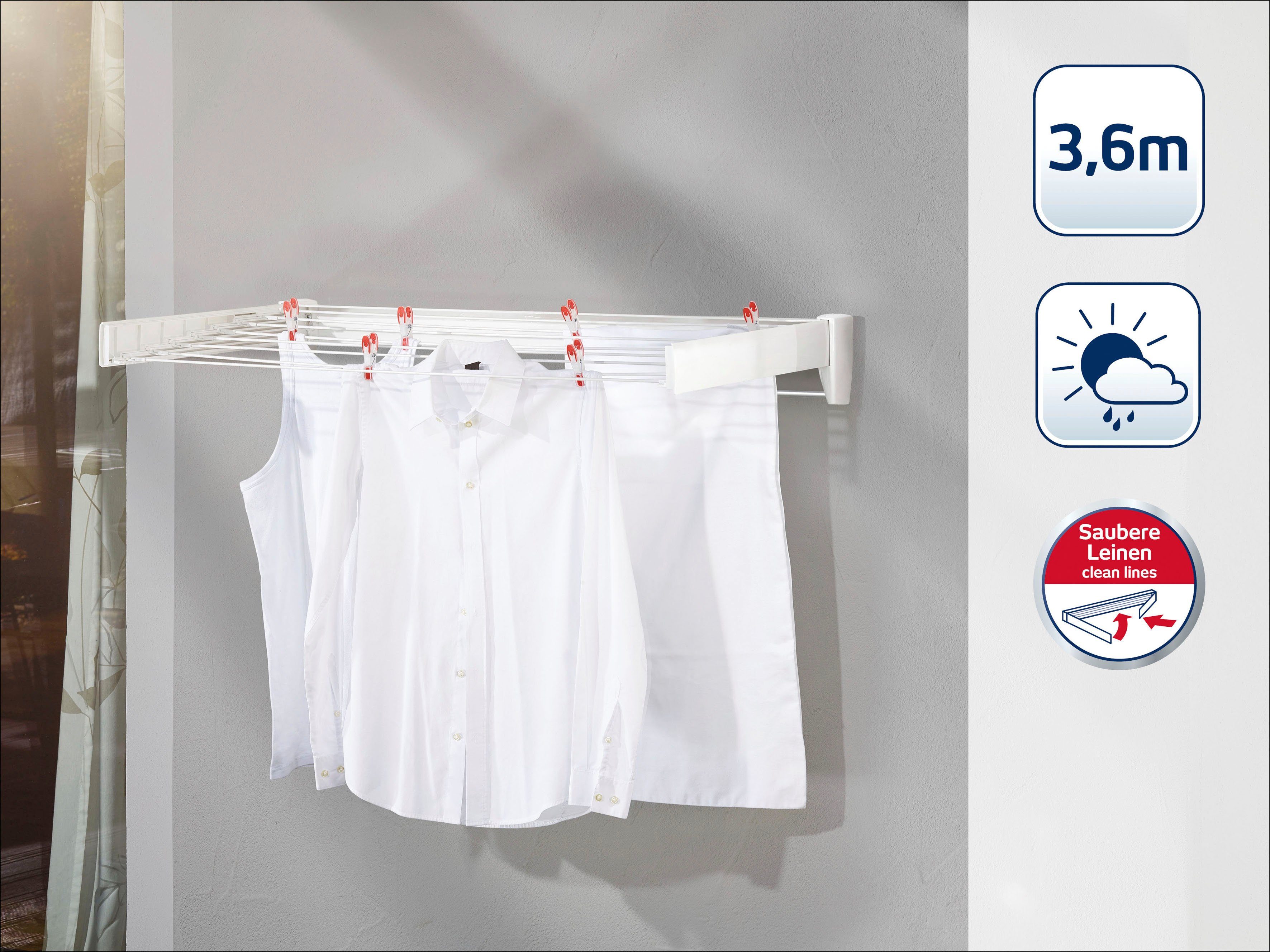 Leifheit Wandwäschetrockner Telegant Plus 36 Protect Plus, Trockenlänge: ca. 3,6 m