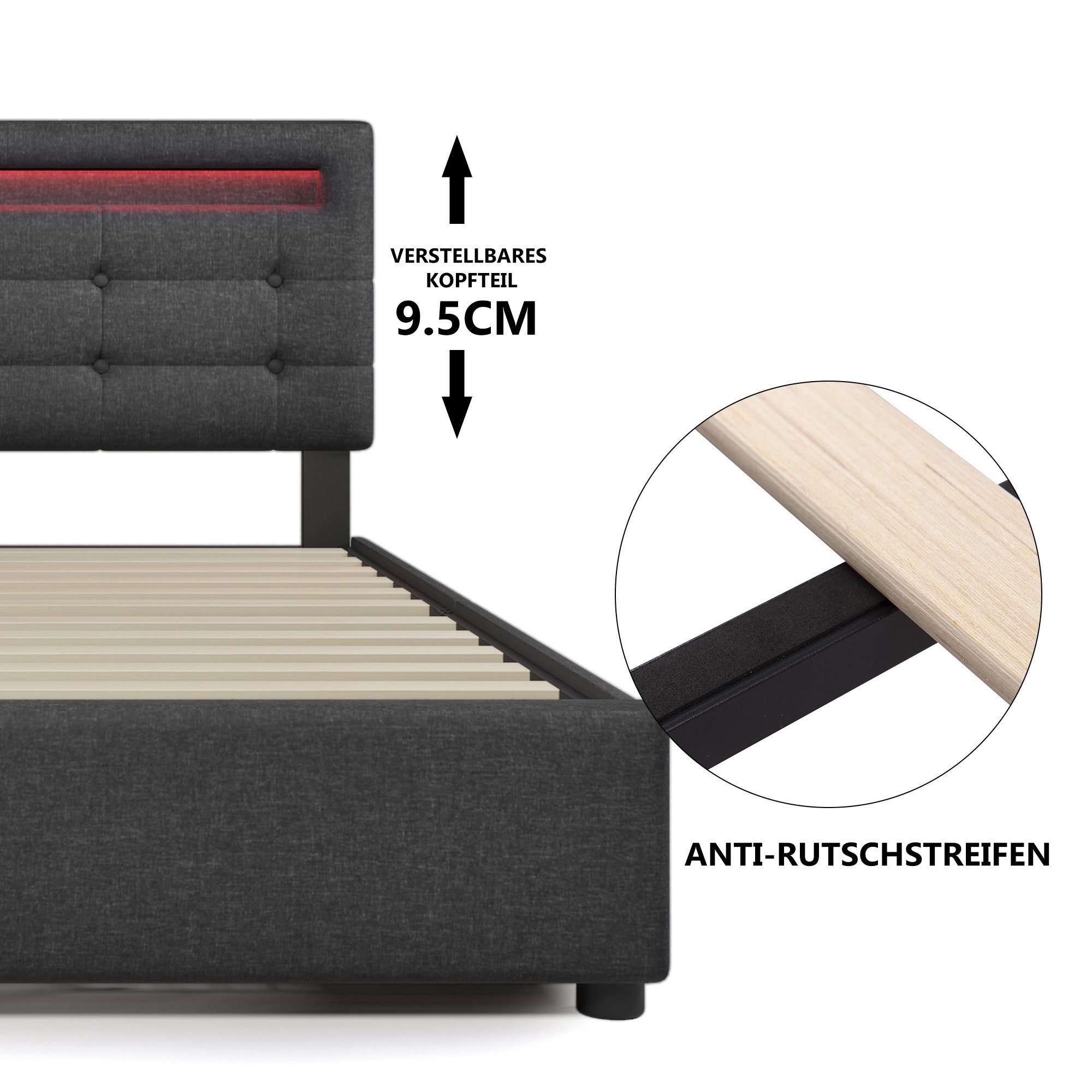 REDOM Polsterbett Polsterbett Einzelbett Doppelbett Bett Funktionsbett mit Schubladen (ohne Matratze/mit Matratze), aus Massivholz, 90×200cm/140×200cm