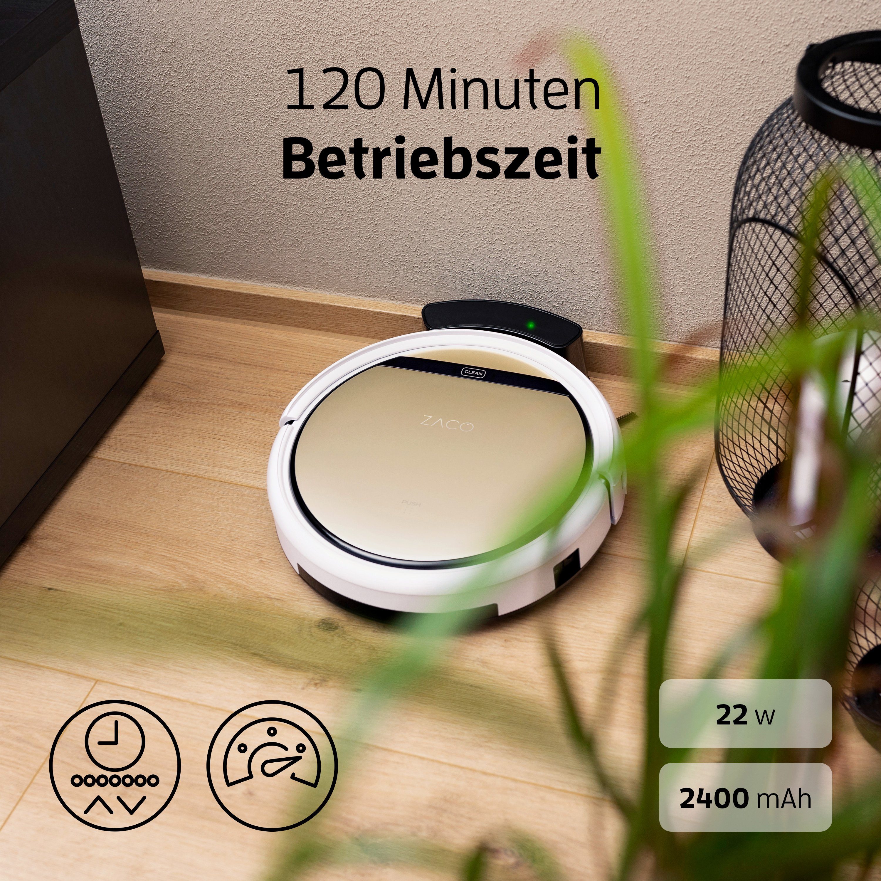 ZACO Nass-Trocken-Saugroboter V5sPro, 22 W, beutellos, Wischfunktion, Fallschutz, Haustiere und Allergiker geeignet, leise