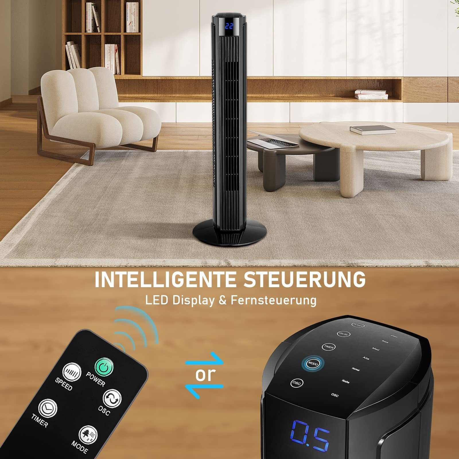 ZMH Turmventilator Schwarz Leise 90° Oszillierender mit Fernbedienung für Schlafzimmer, 80cm mit 3 Geschwindigkeiten Säulenventilator 7.5H Timer