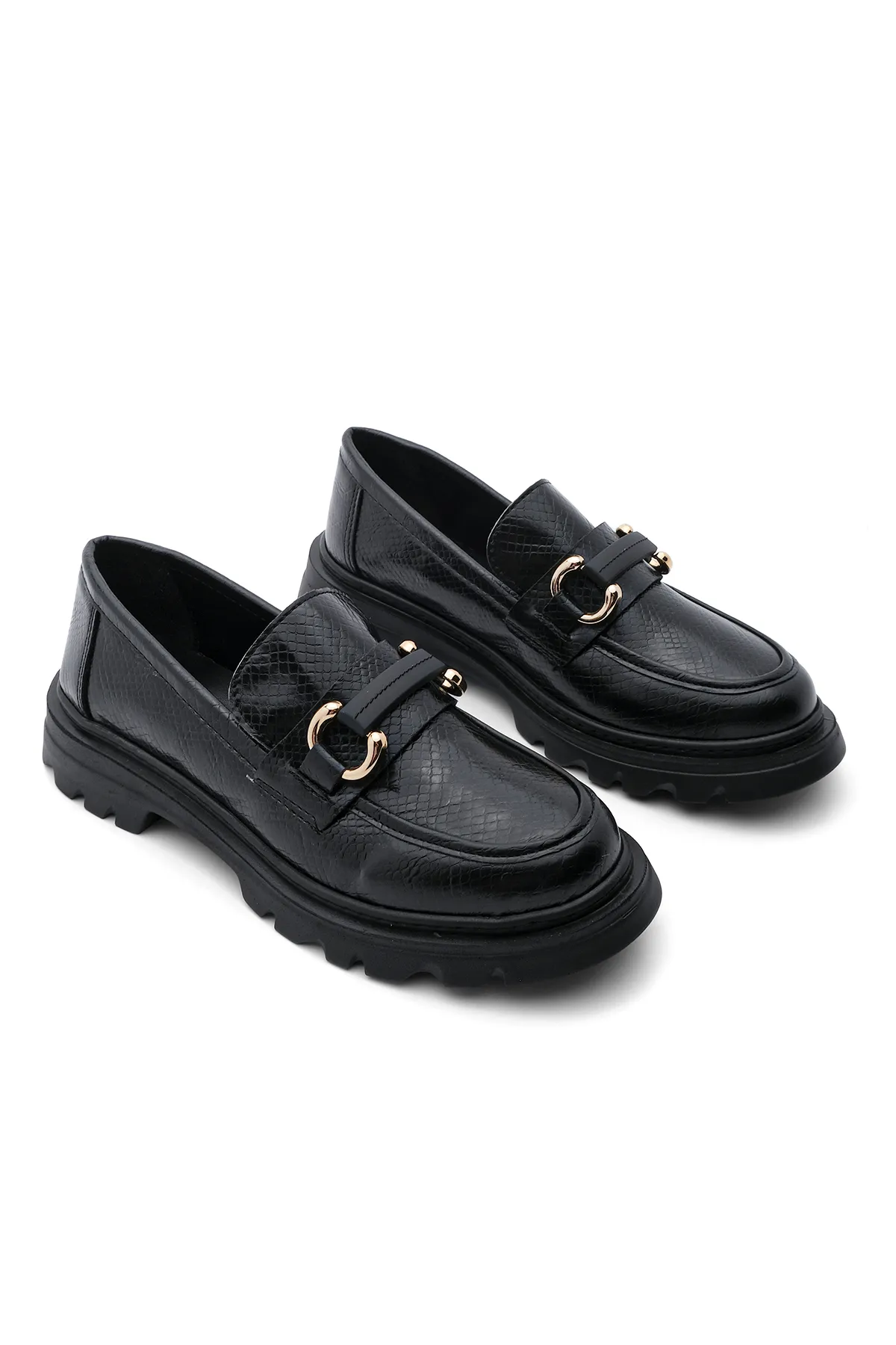 Marjin  Damen Loafer Hohe Sohle Schnalle Freizeitschuhe Kinles Black Snake