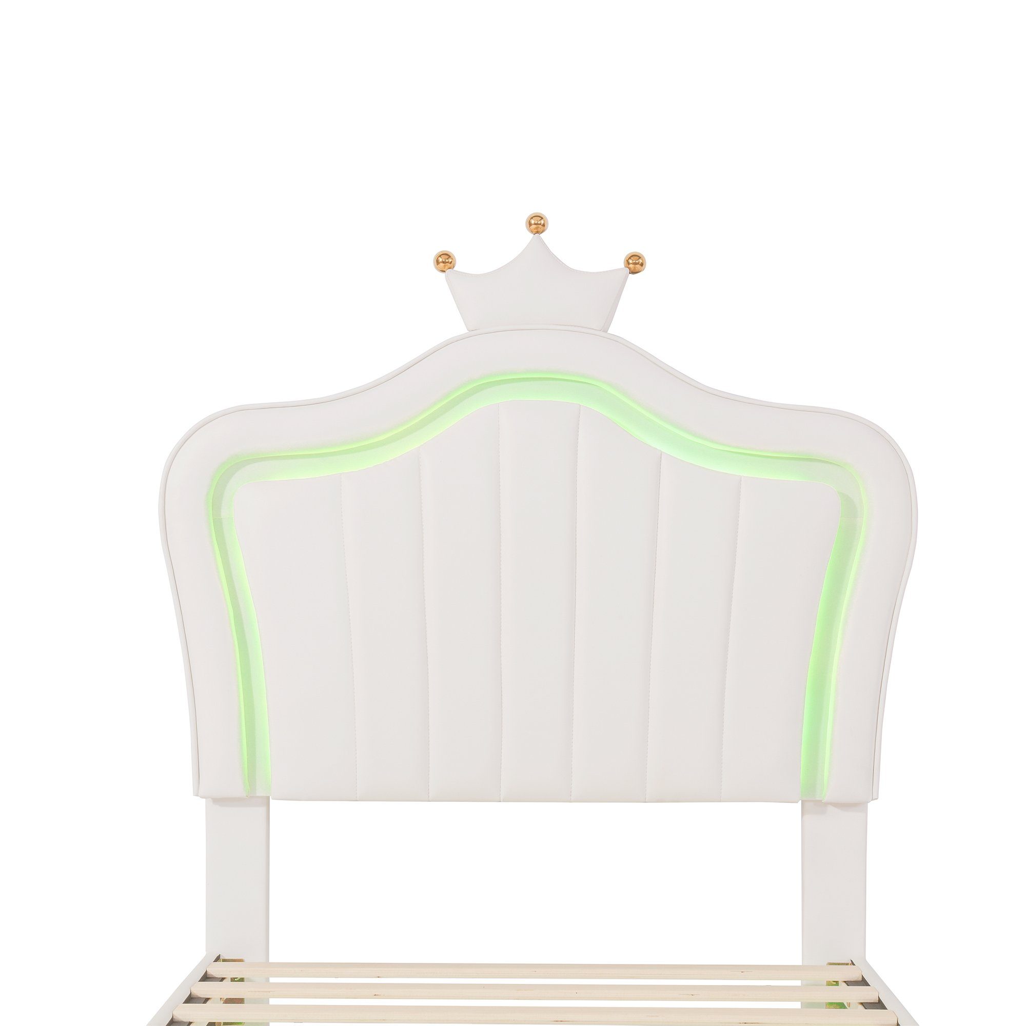 HAUSS SPLOE Polsterbett Polsterbett Funktionsbett Bettrahmen KInderbett (Bettgestell für Mädchen, weißes Kronen-Doppelbettgestell aus Leder, mit LED-Leuchten, Lattenrost und Rückenlehne 90 x 200 cm)