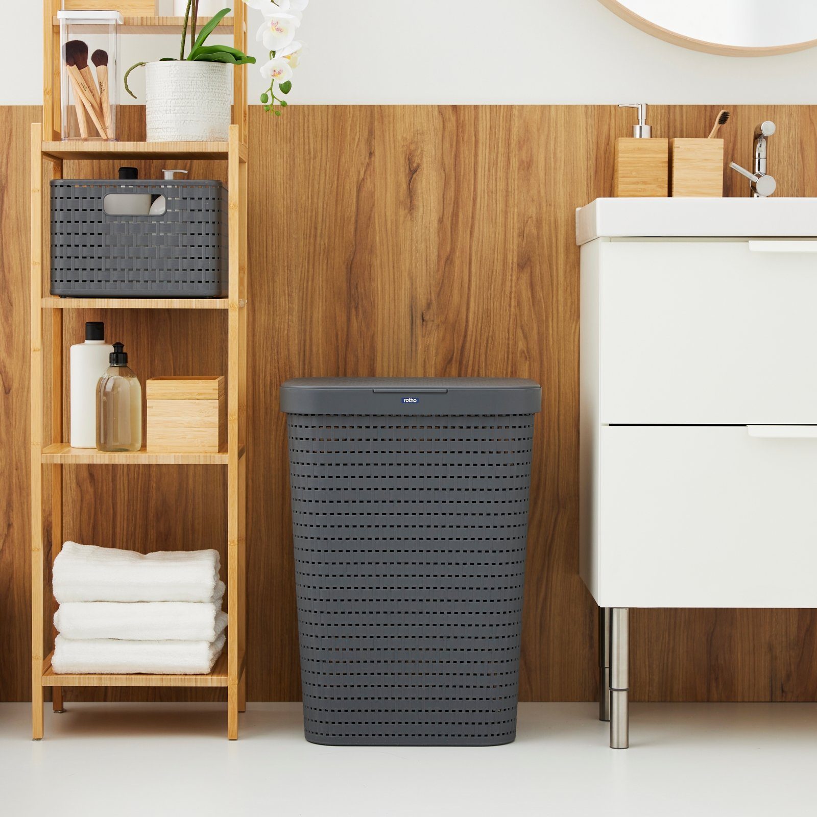 ROTHO Wäschekorb Country 3er-Set Wäschesammler 55l mit Deckel, Kunststoff (PP) BPA-frei (Wäschesammlerset, 2er-Set), Löcher an den Seiten ermöglicht Luftzirkulation innerhalb der Wäschebox