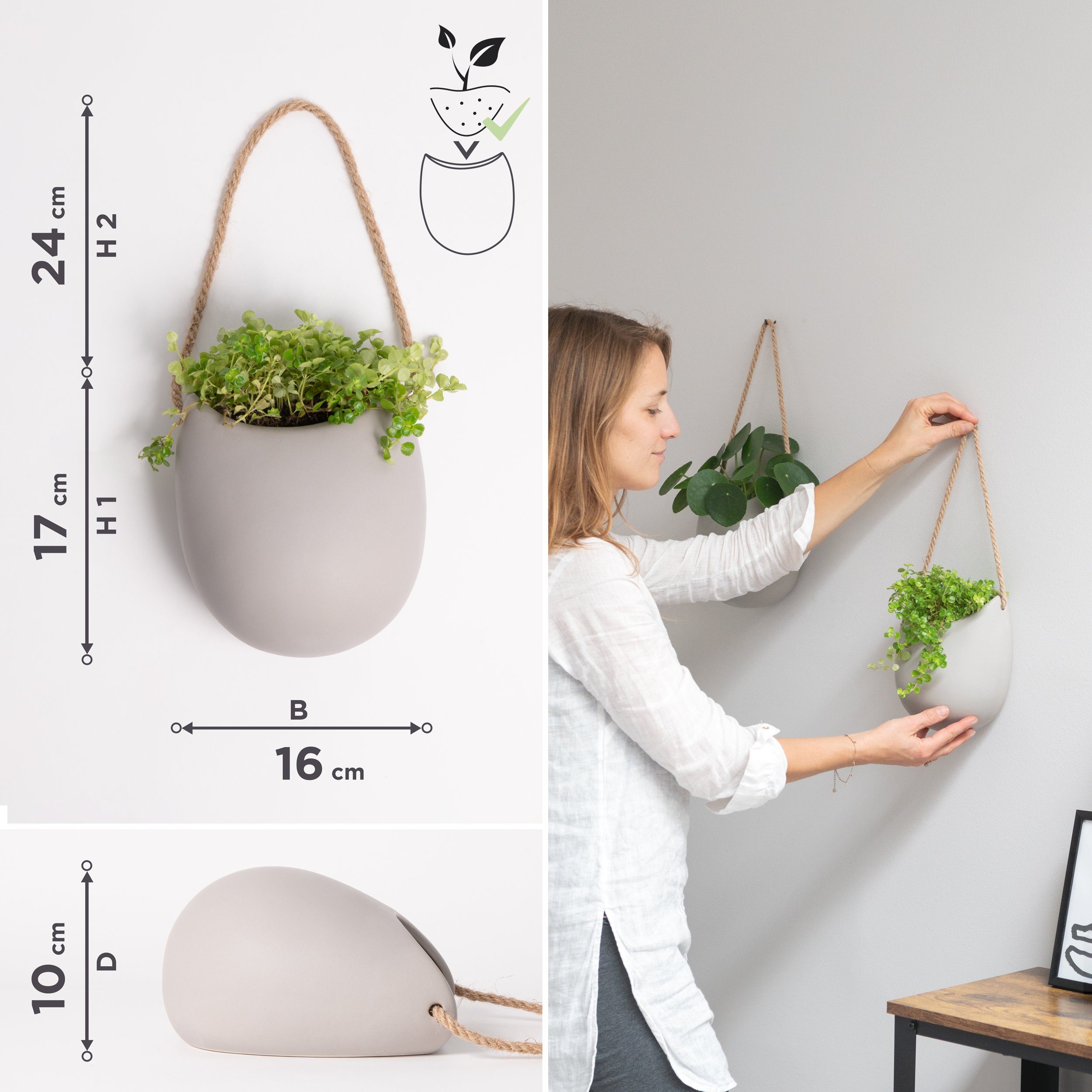 KAZAI. Blumentopf Keramik Wandvasen (Set, aus 2 Töpfen inkl. verschiedener Aufhänger, ohne Bohren), Wand-Blumentöpfe als originelle Wohn-Deko