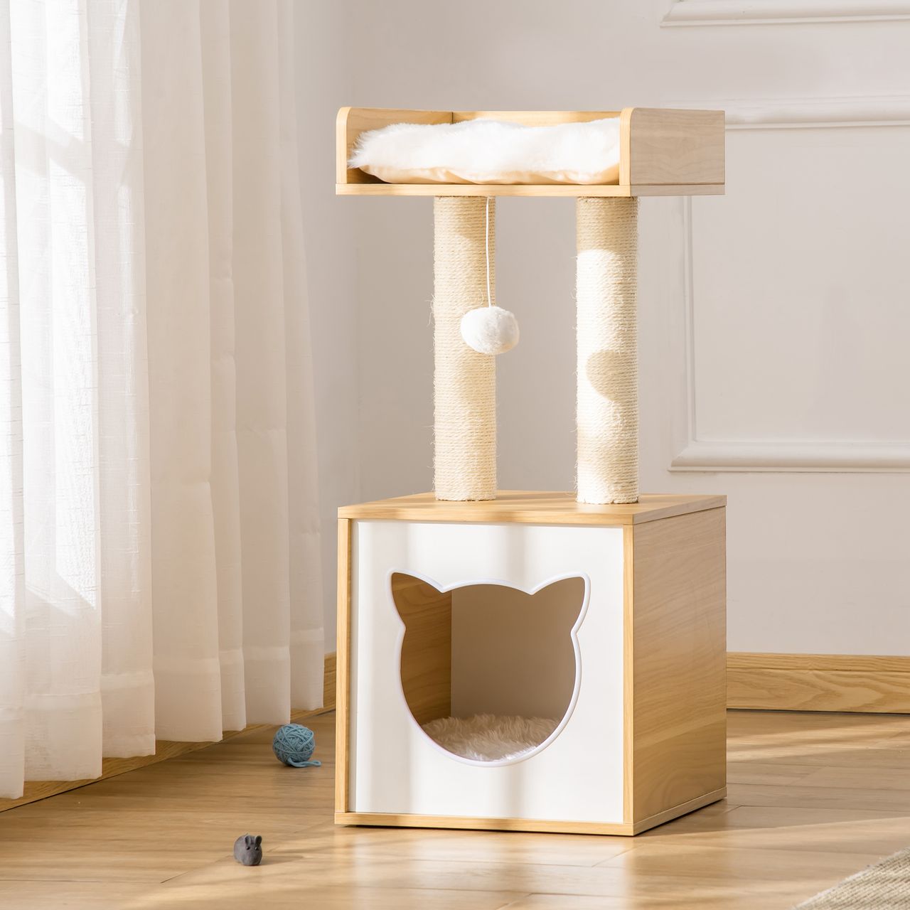 PawHut Kratzbaum mit Katzenhöhle 2 weichen Kissen Katzenbaum Katzenbett Sisal