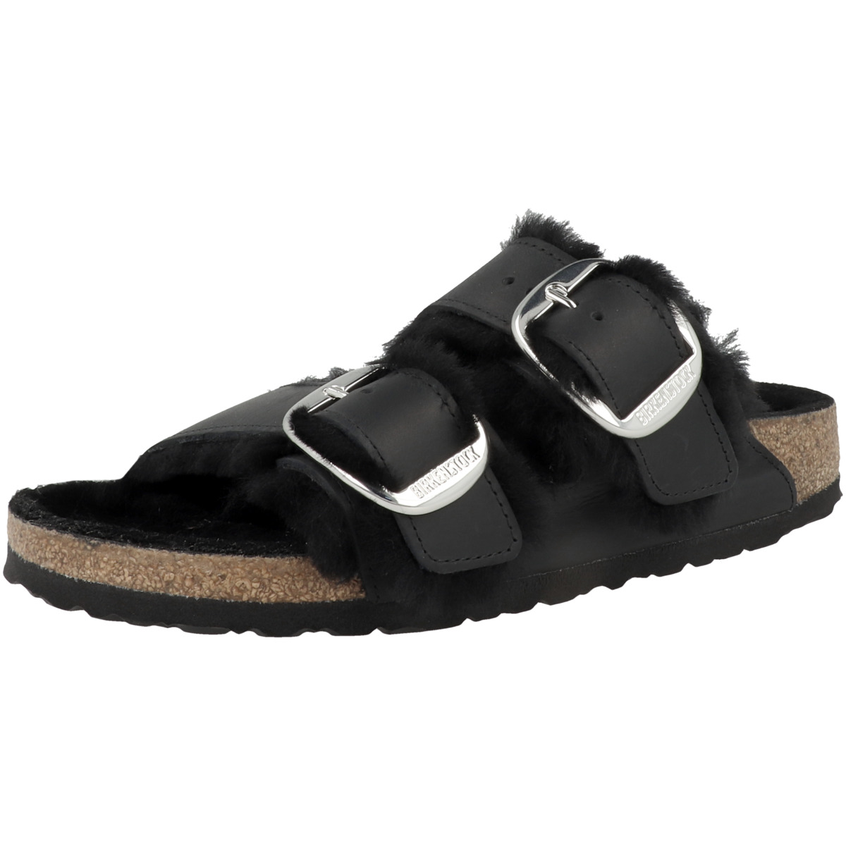 Birkenstock Arizona Big Buckle Lammfell Geöltes Nubukleder schmal Sandale schwarz