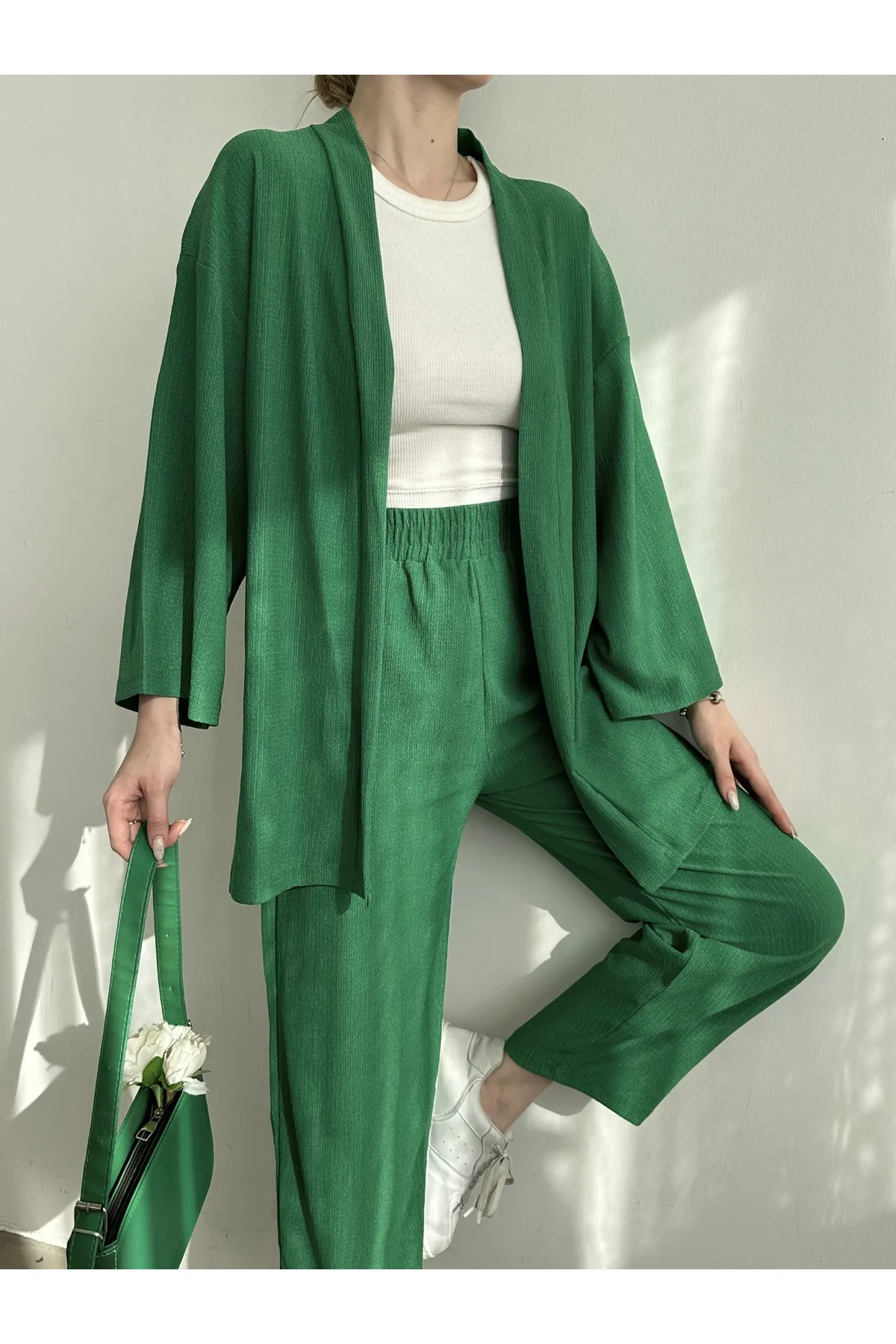 BEJNA  Grünes Kimono-Hosen-Strickset für Damen