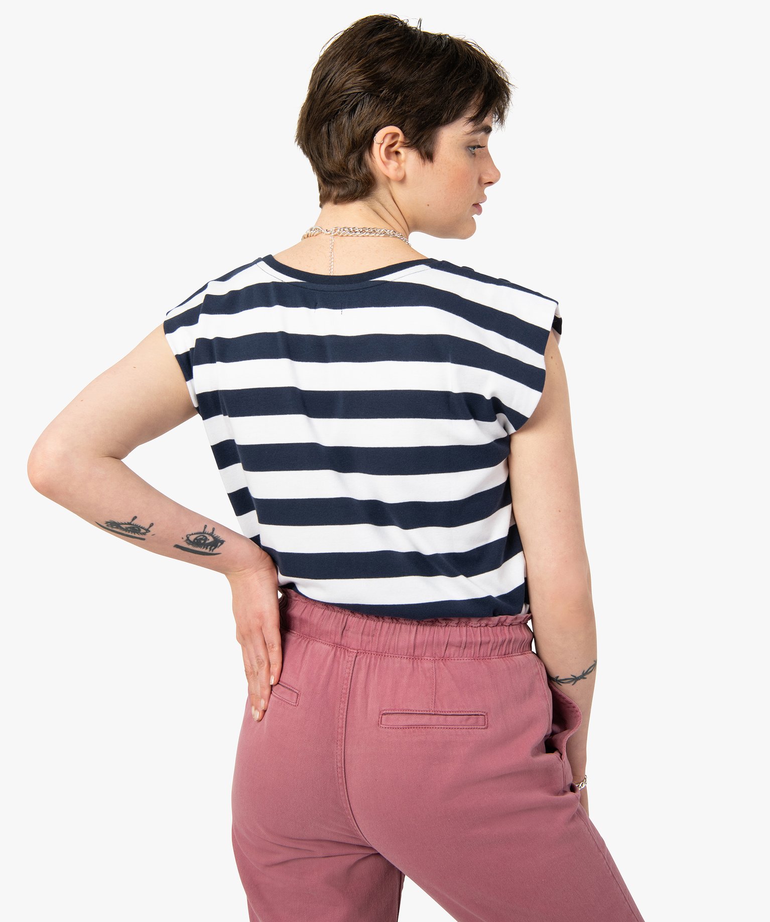 Tee-shirt femme rayé sans manches à épaulettes raye | GEMO