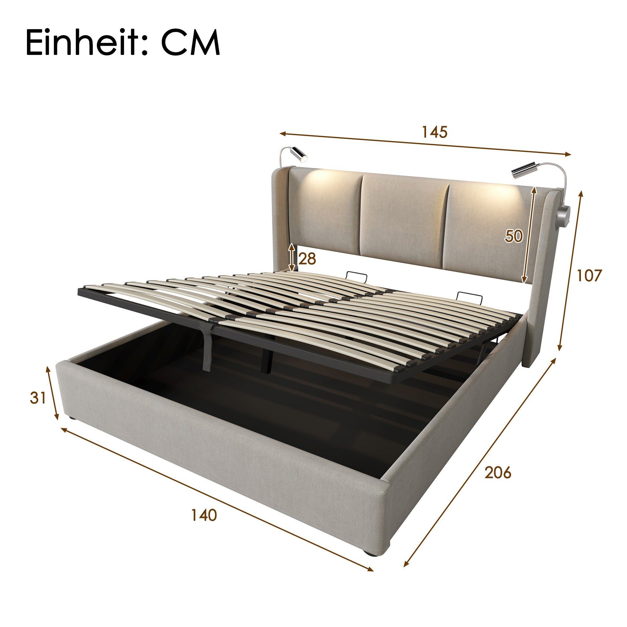 Sweiko Polsterbett (Doppelbett), Stauraumbetten mit USB Ladefunktion, 140*200cm