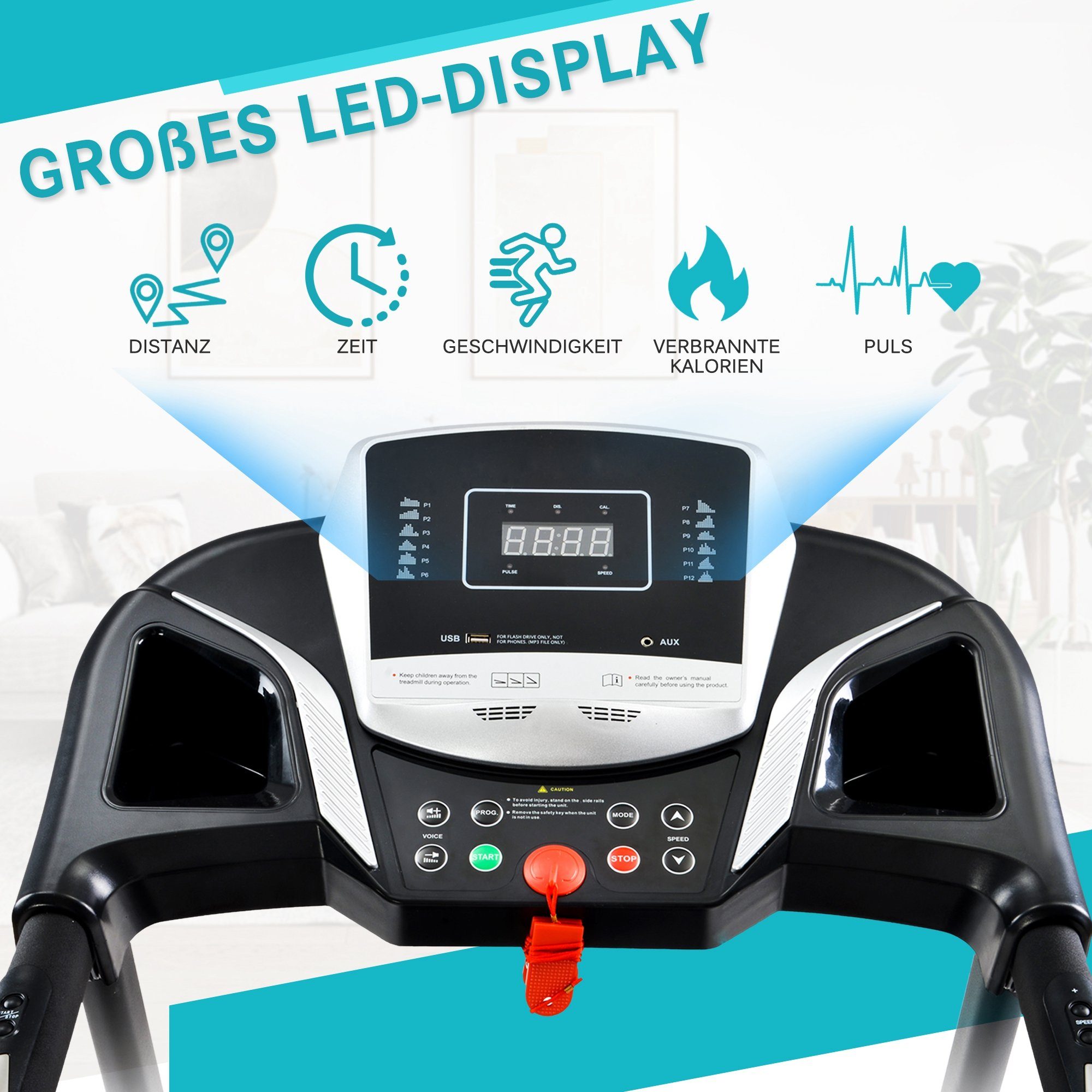Ulife Laufband Schwarzes klappbares Laufgerät mit Kinomap-App-Programm ULife (Packung), 0,8-12 km/h, LED Bildschirm, USB-Anschluss, AUS-Anschlus