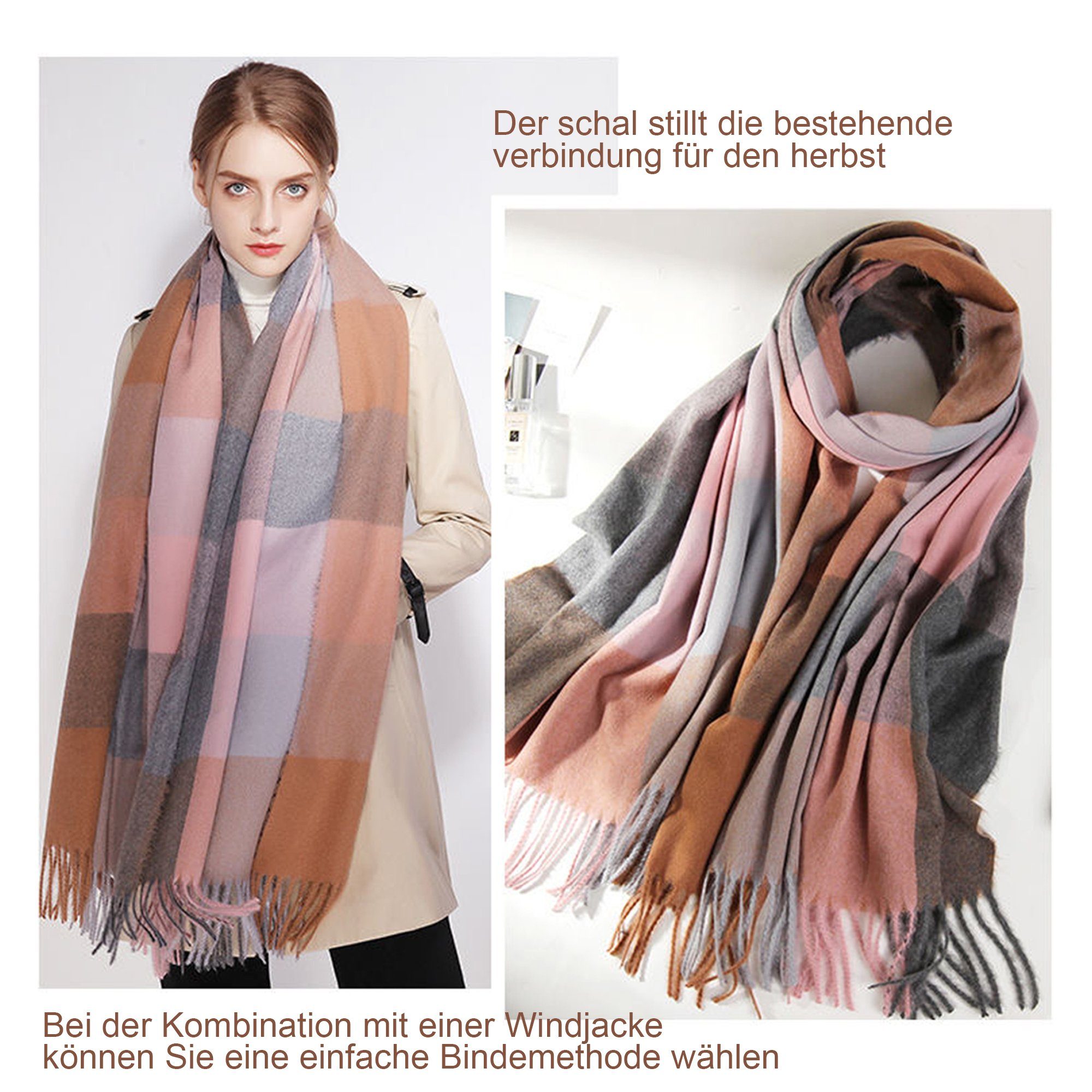 KUGI Wollschal Modeschal Warme Winter Schals XXL Schal Poncho Langer Damen Schal, (Quadratisch Deckenschal Karo Tartan Streifen Plaid Muster Fransen Weich Warm, XXL Oversized Herbstschal Poncho, Fashion Damen Winter Schal), Damen Schal - Kariert über