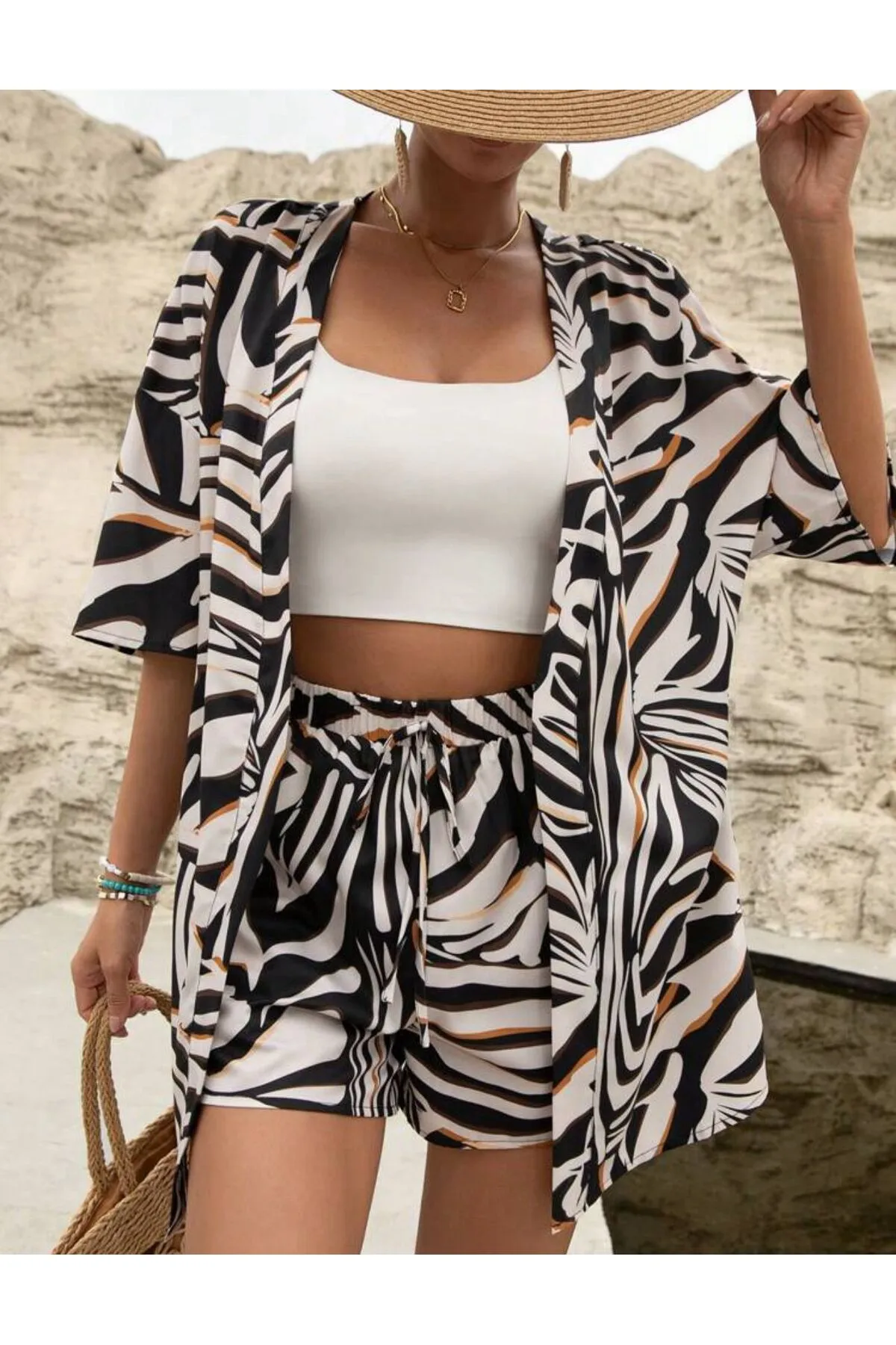 AFROGİYİM  Allover-Print-Kimono-Set mit Shorts für Damen – schulterfrei