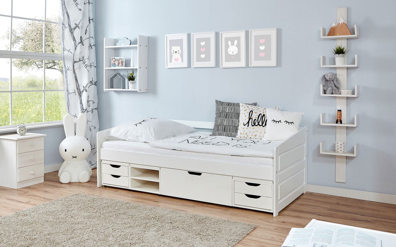 Ticaa Sofabett Micki Buche weiß Var 3 - mit 4er Funktionsschubkasten