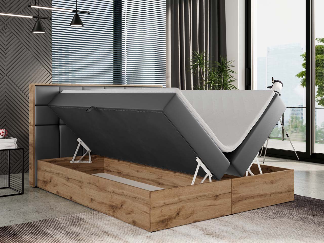 MKS MÖBEL Boxspringbett ALBERO 1, Doppelbett, Multipocket-Matratze, Eiche Holzrahmen, Praktisch