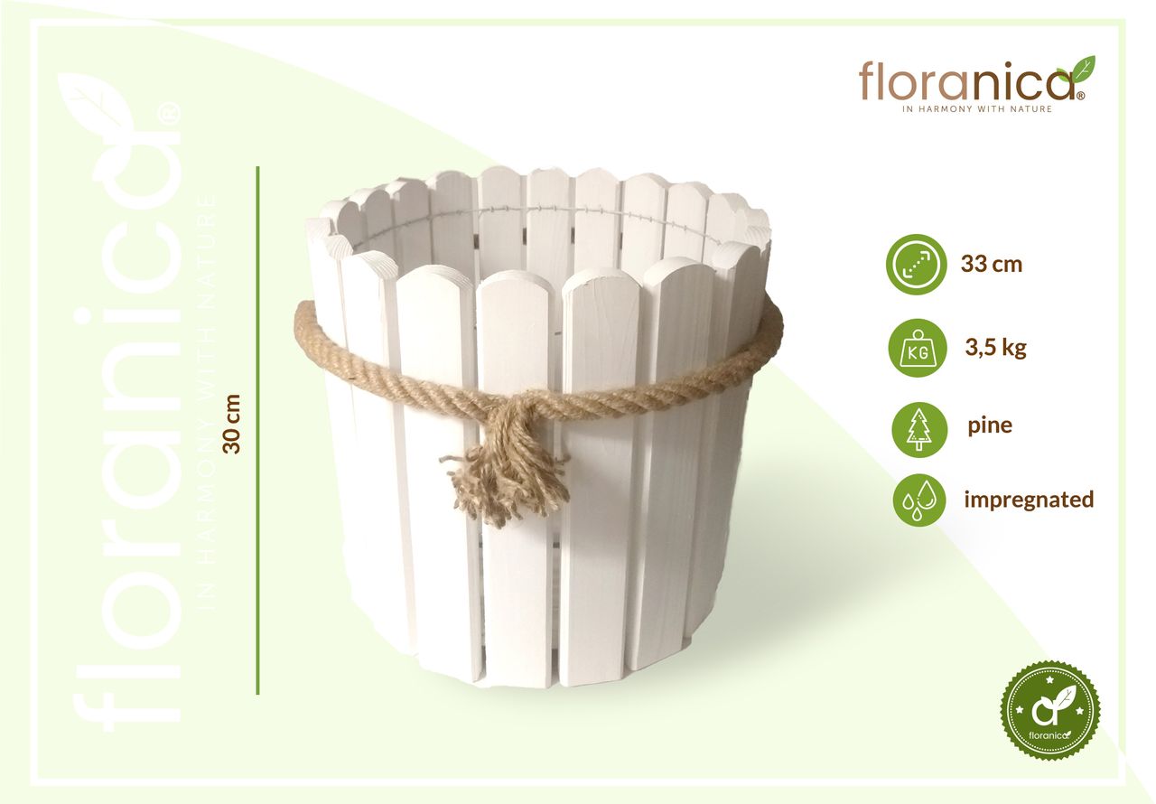 Pemicont Floranica Runder Blumentopf aus Holz 33x30cm Weiß Imprägniertes Kiefernholz Schutzhülle für Kräuter Blumen Haus- und Gartendekoration Truhe Für den Innen- und Außenbereich EU-Produkt