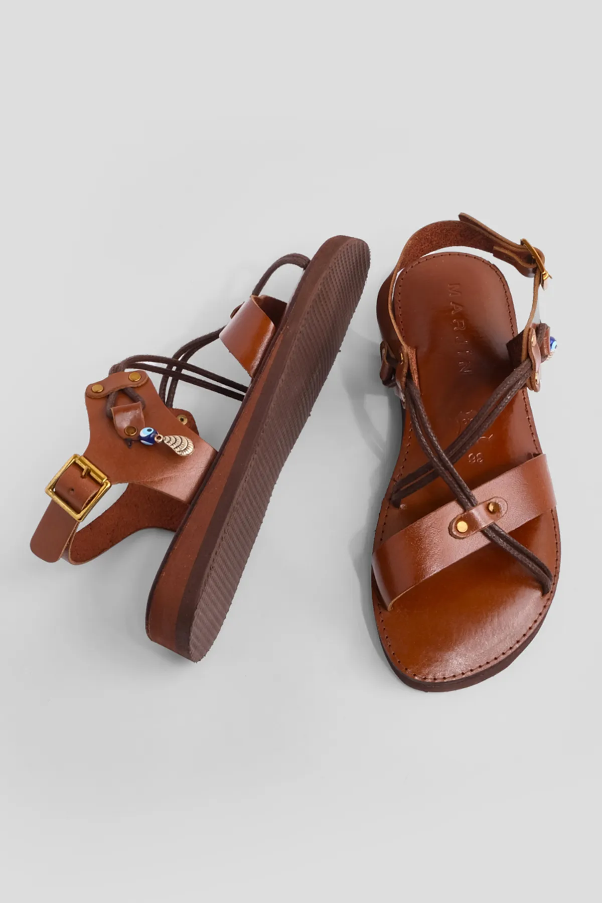 Marjin  Damen-Sandalen aus echtem Leder mit Eva-Sohle und gekreuzten Seilen, für den Alltag, Katre Tan