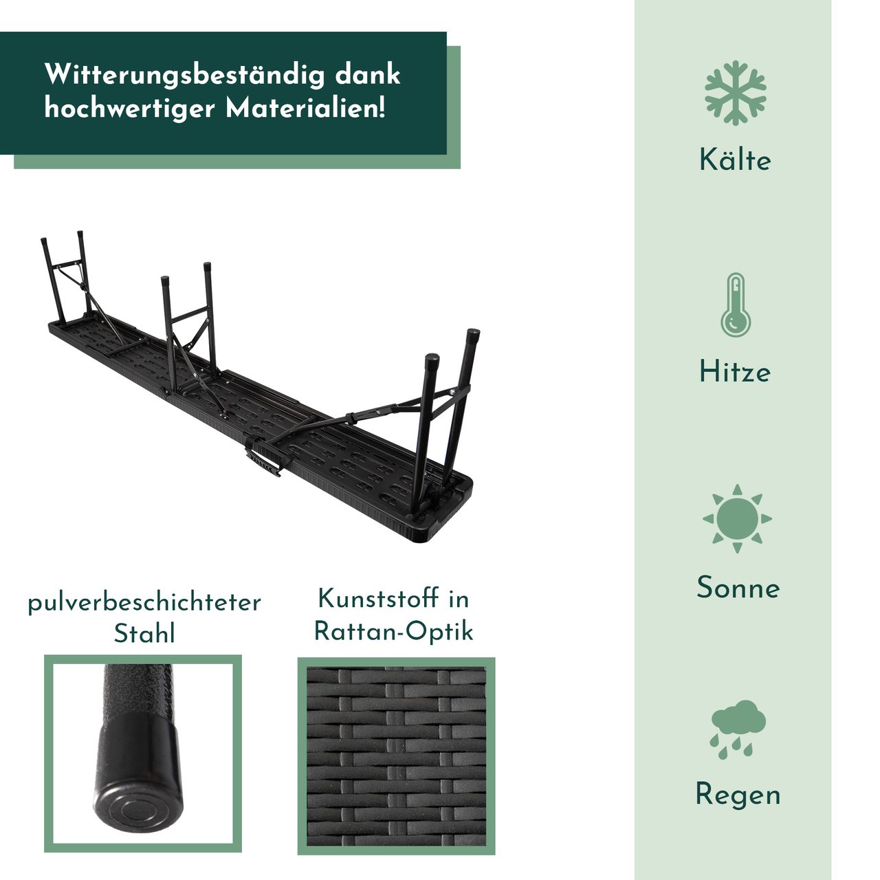 Lemodo Klappbank im 2er Set, mobile Sitzbank 180 x 25 cm in Rattan-Optik, klappbare Bierbank