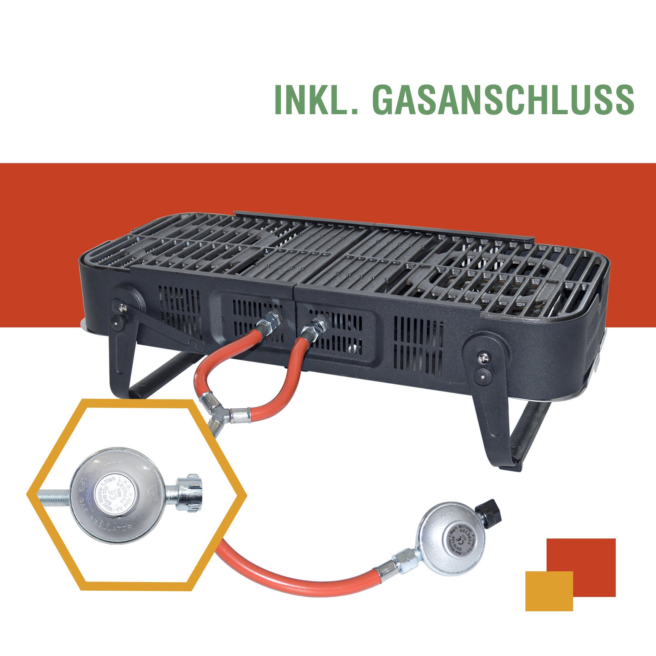 Bruzzzler Camping-Gasgrill Gasgrill zum Klappen, 2-flammiger Gasgrill mit 3,3 kW,zusammenklappbar, Pack, inklusive Tragetasche,für Picknick,Balkon und mehr