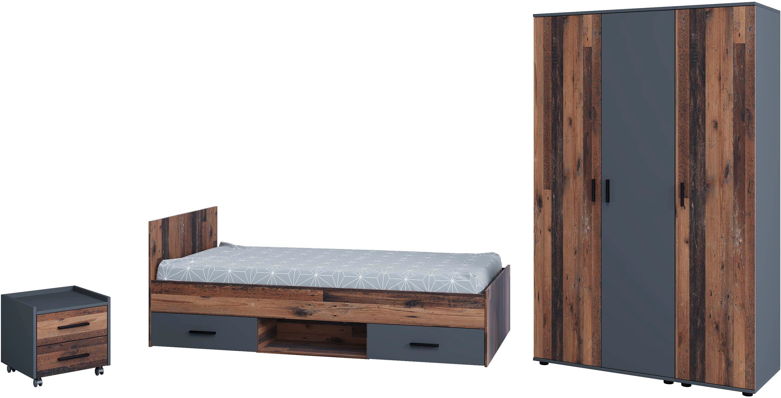 Home affaire Jugendzimmer-Set Nonjoo-Teen, (3-St), Industrial Style, Bett mit Stauraum + Nachttisch + 3er Kleiderschrank