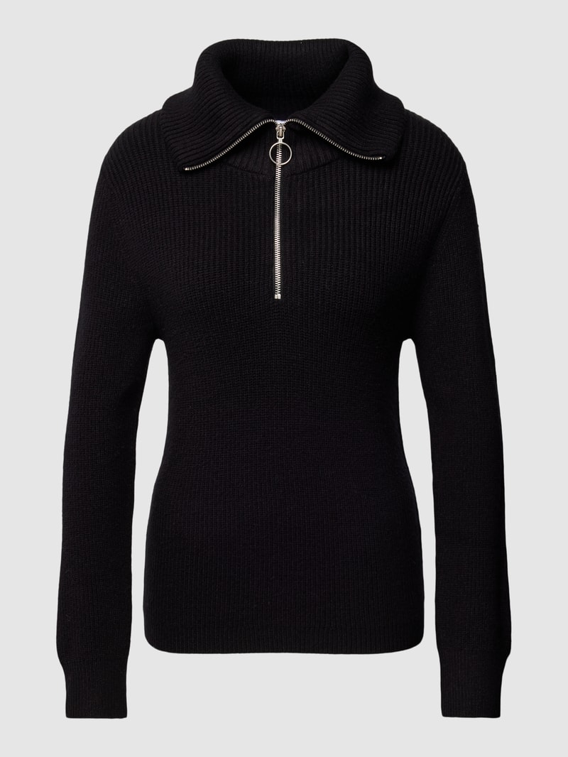 Strickpullover mit kurzem Reißverschluss in schwarz