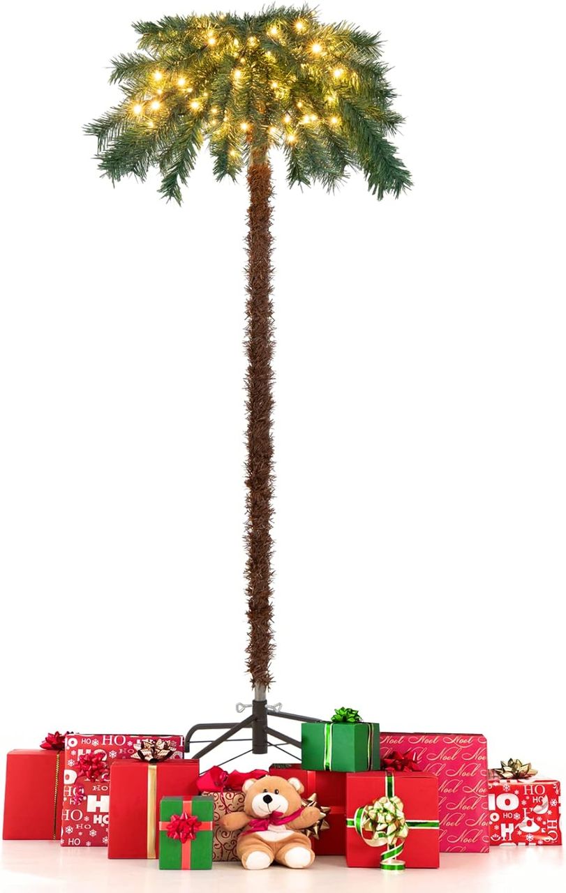 Costway 150 cm Künstliche Palme beleuchtet, Kunstbaum mit 150 LED-Lichtern in Warmweiß
