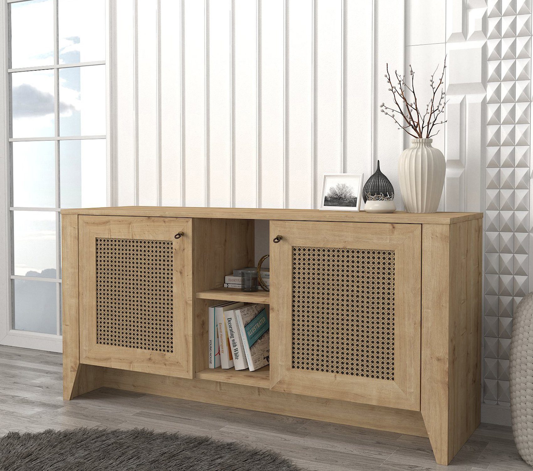 moebel17 Anrichte Sideboard Madura Saphir Hazeran, Sideboard aus Holzwerkstoff in Saphir - Hazeran Muster, Die Kommode bietet viel Stauraum für Geschirr, Porzellan oder andere Wohnutensilien, Ein echter Blickfang für Ihr Wohnzimmer, Schlafzimmer, Küc