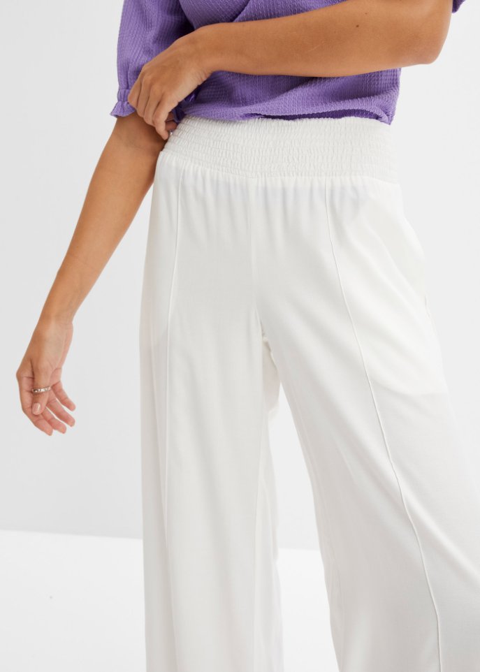 Weite Hose aus Viscose mit High-Waist-Smockbund, Crepegewebe