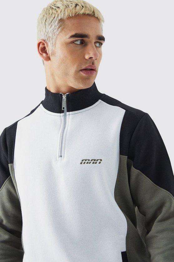 Man Colorblock Sweatshirt mit 1/4 Reißverschluss und Trichterkragen