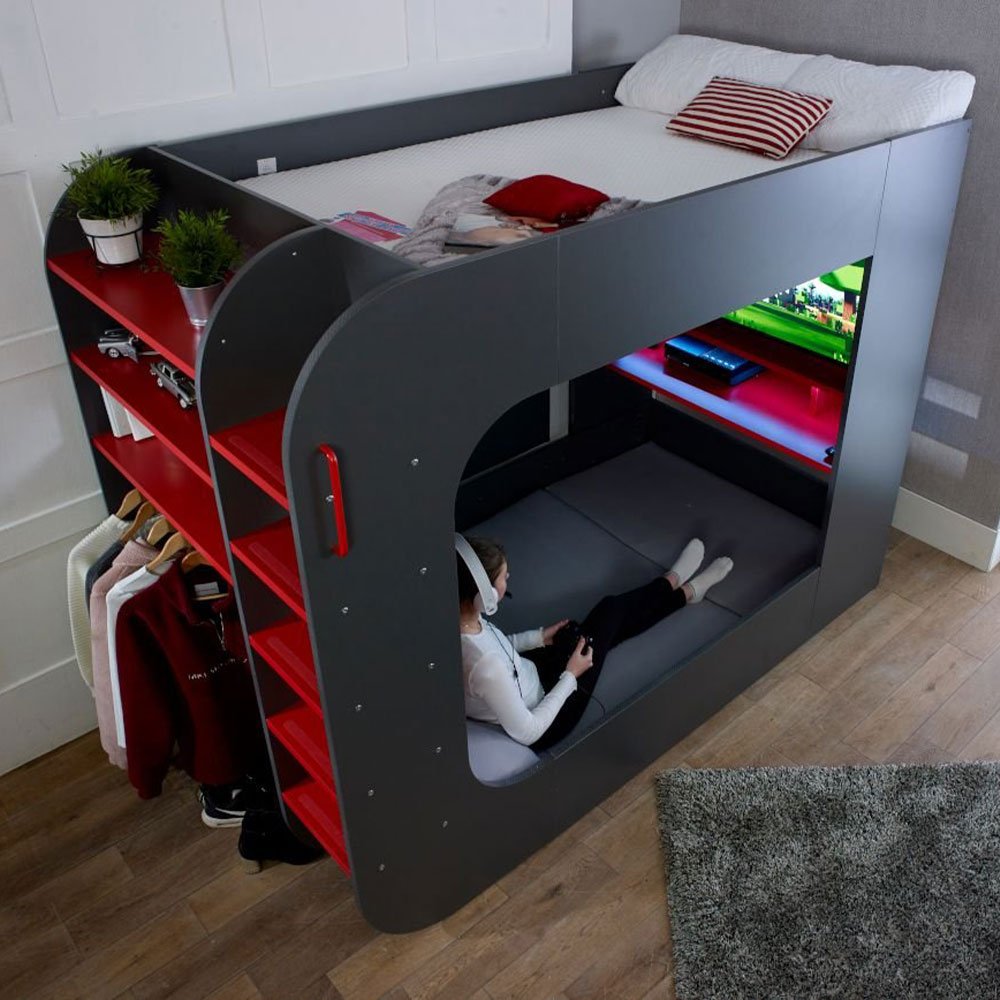 PodBed Grey and Red Gaming High Sleeper with Grey Sofa
