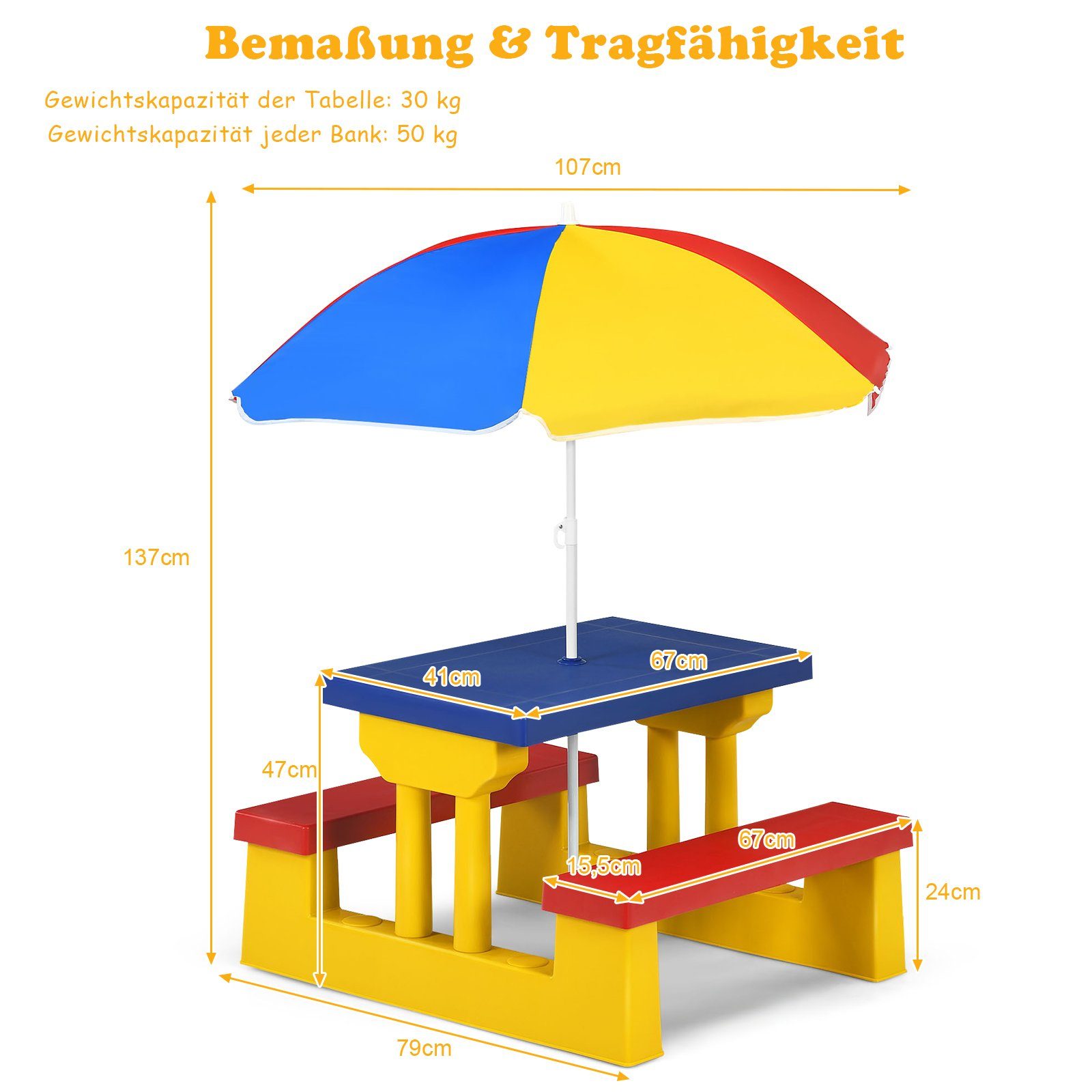 COSTWAY Kindersitzgruppe Sitzgarnitur, Kindertisch, mit Sonnenschirm