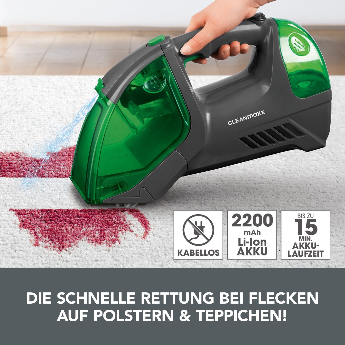 CLEANmaxx Teppichreinigungsgerät Polster- & Teppichreiniger kabellos 3in1, 150 W, Waschsauger Polsterreiniger Akku Nasssauger