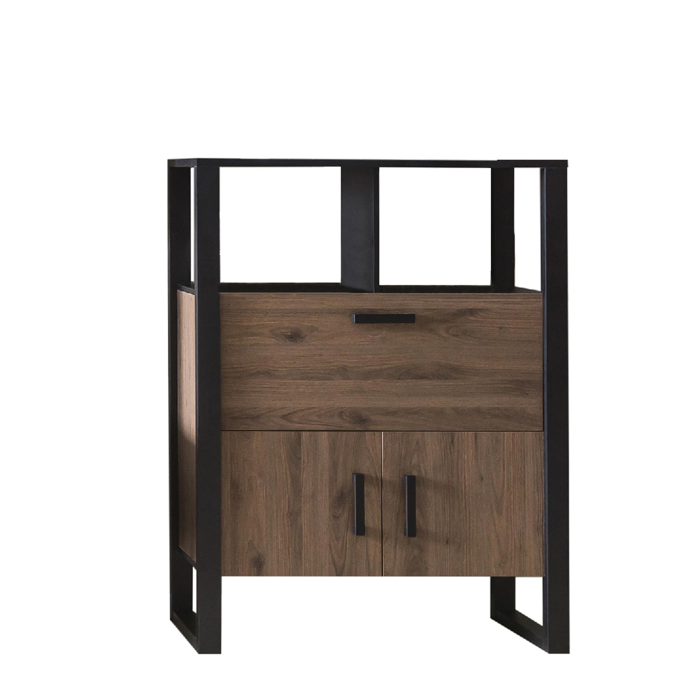 möbelando Barschrank Nordi Moderner Barschrank aus melaminharzbeschichteter Spanplatte, Front in Okapi-Nuss, Korpus in Schwarz/Okapi-Nuss, mit 3 Türen, 2 Einlegeböden und 2 offenen Fächern, Breite 100,3 cm, Höhe 133,4 cm, Tiefe 38,9 cm