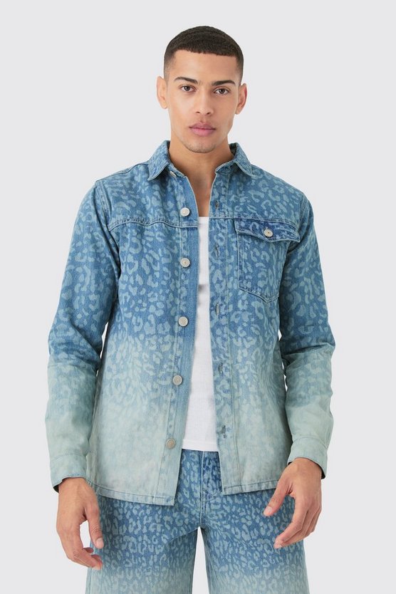 Leopardenprint Denim-Overshirt in Hellblau
