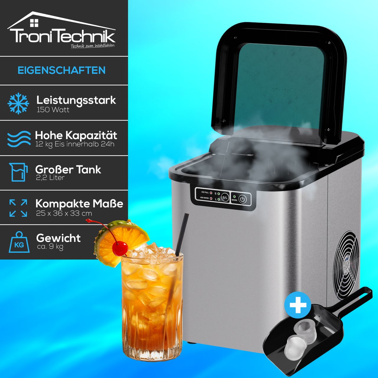 TroniTechnik Eiswürfelmaschine Edelstahl ,Ice Maker,12kg/24h,2,2 Liter,2 Größen,Selbstreinigung