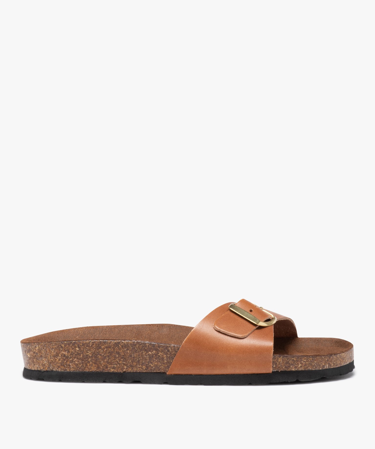Mules femme à talon plat et bride ajustable en cuir camel | GEMO