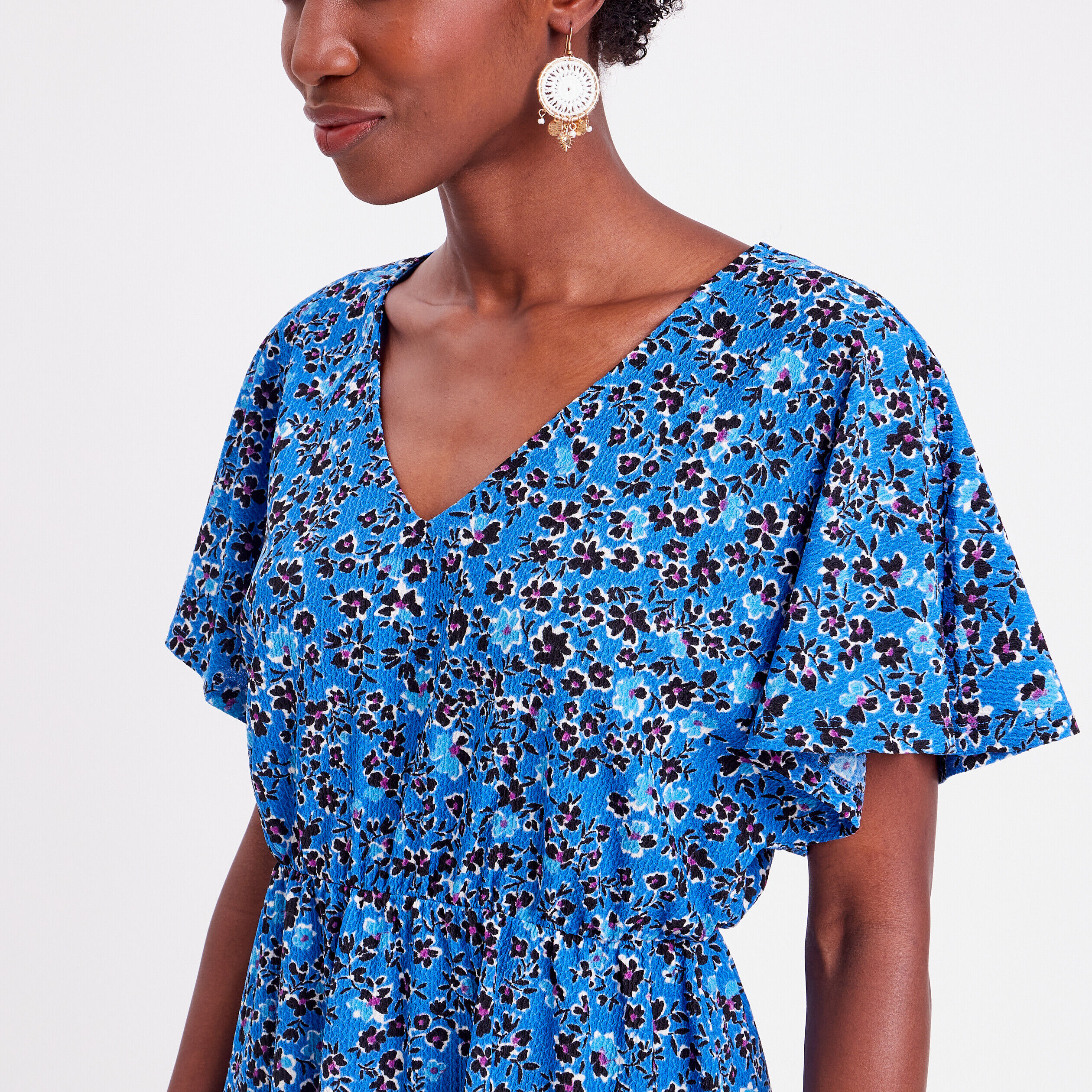 Robe évasée col en V bleu femme | Cache Cache