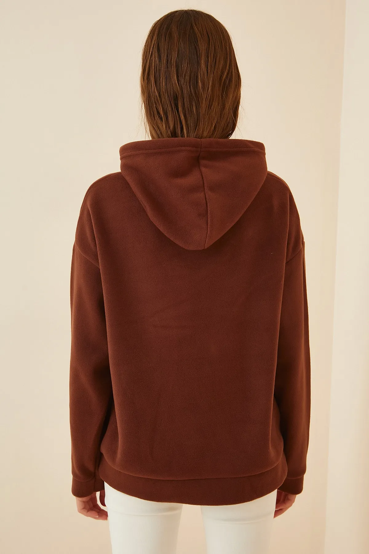 Happiness İstanbul  Hellbraunes Winter-Fleece-Sweatshirt mit Kapuze für Damen ZV00047