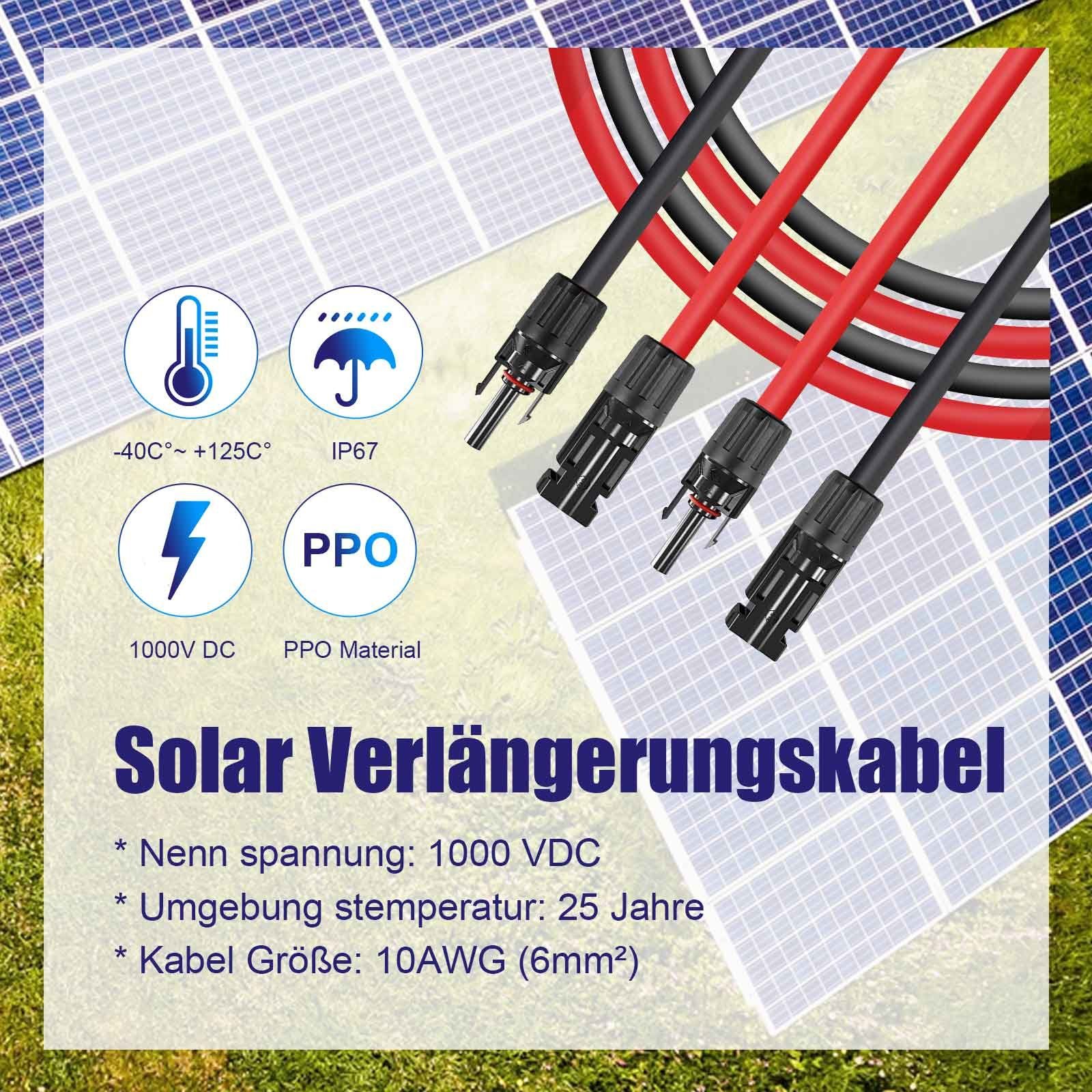 GLIESE Solaranlage 1paar 6mm2 rot + schwarz Solarkabel 32.8-49m mit Stecker, (1 Paar Solarkabel)