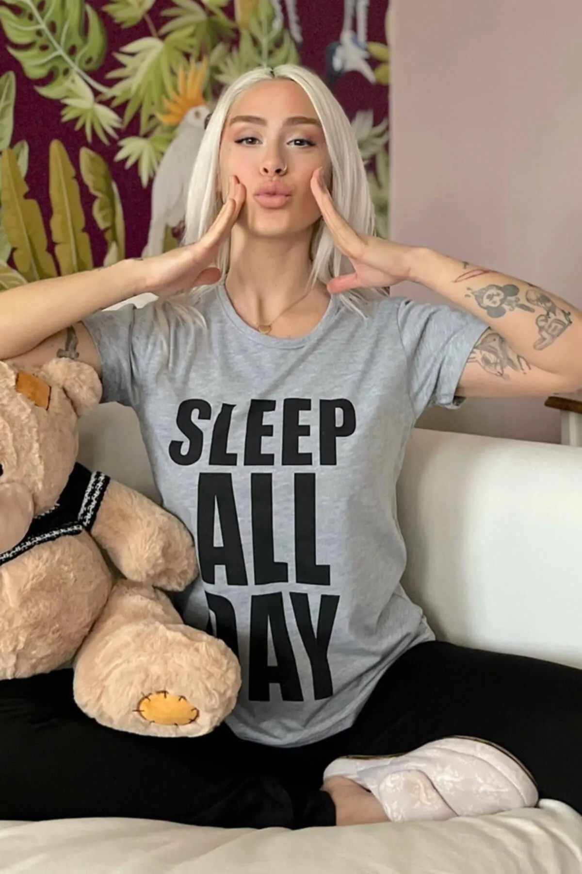 Pijamaevi  Pyjama-Set aus bedrucktem Strick mit kurzen Ärmeln zum Schlafen den ganzen Tag lang