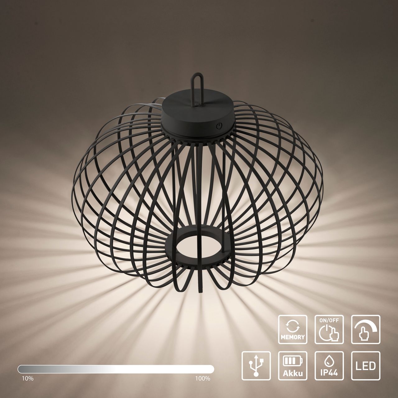JUST LIGHT Akku Pendelleuchte AKUBA, 1x LED-Board/1,50Watt/2700Kelvin, IP44, Schwarz