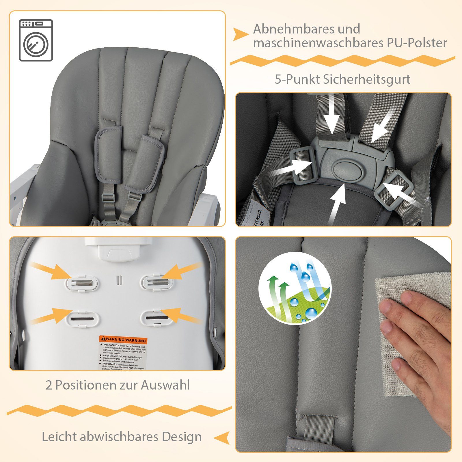 COSTWAY Hochstuhl, klappbar, höhenverstellbar, mit 5-Punkt-Gurt, für 6-36 Monaten