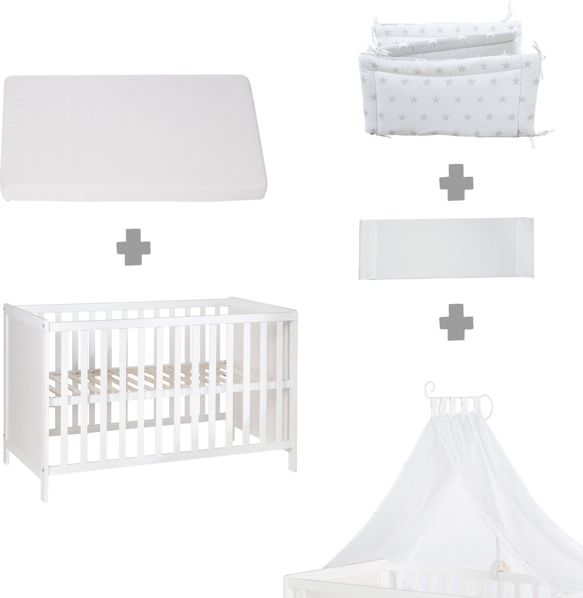 roba® Babybett Multifunktionsbett mit Beistellfunktion, 7-tlg., Lattenrost, Matratze, Nestchen, Bettverkleinerer, Himmel, Himmelstange