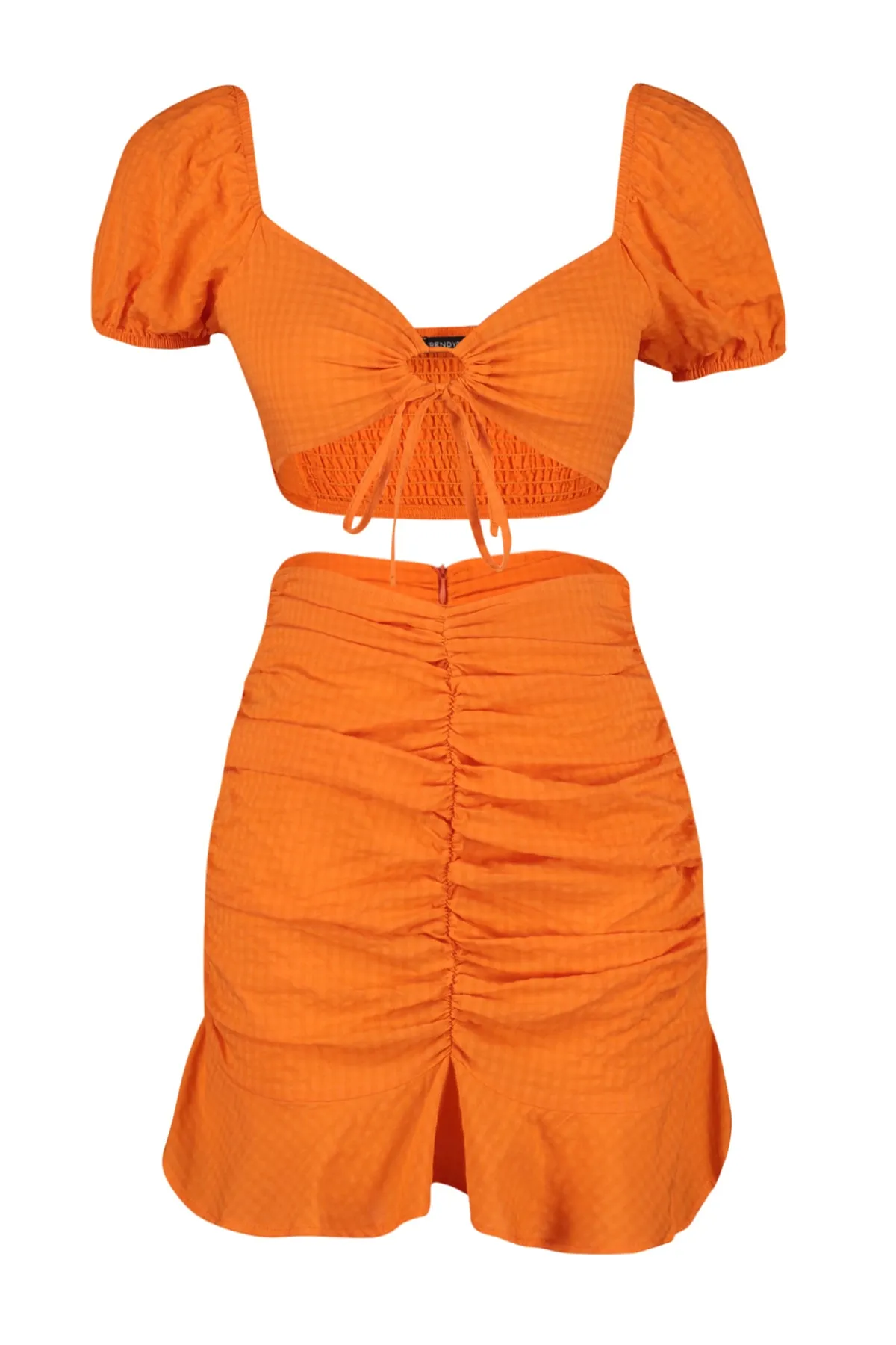Trendyol Collection  Orangefarbenes, gewebtes, gerafftes Blusen-Rock-Set TBESS23AU00127
